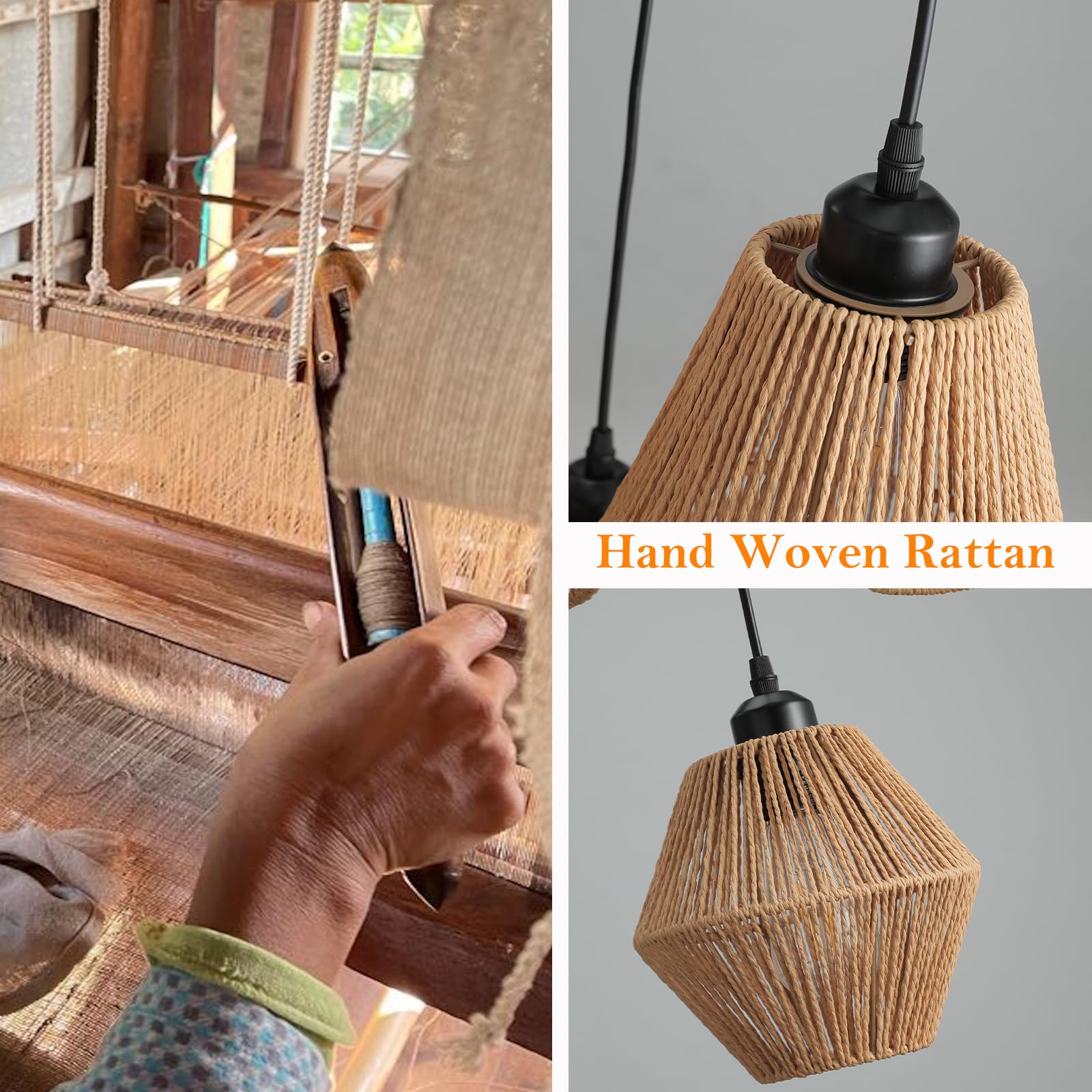 3-Light Rattan Pendant Light,Hand Woven Boho Chandelier,Wicker Pendant Light Fixture,Kitchen Dining Room Chandelier Over Table,Hanging Light for Living Room,Entryway,LED Bulbs Included