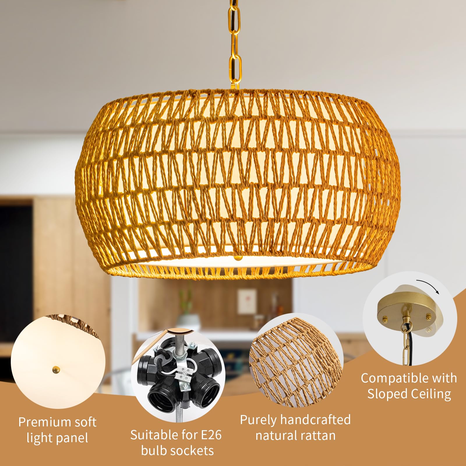 4-Light Rattan Semi Flush Mount Ceiling Light, 15" Boho Light Fixture with Hand-Woven Rattan Shade in Quatrefoil Shape, Farmhouse Boho Chandelier Wicker Light Fixture for Kitchen Bedroom Foyer