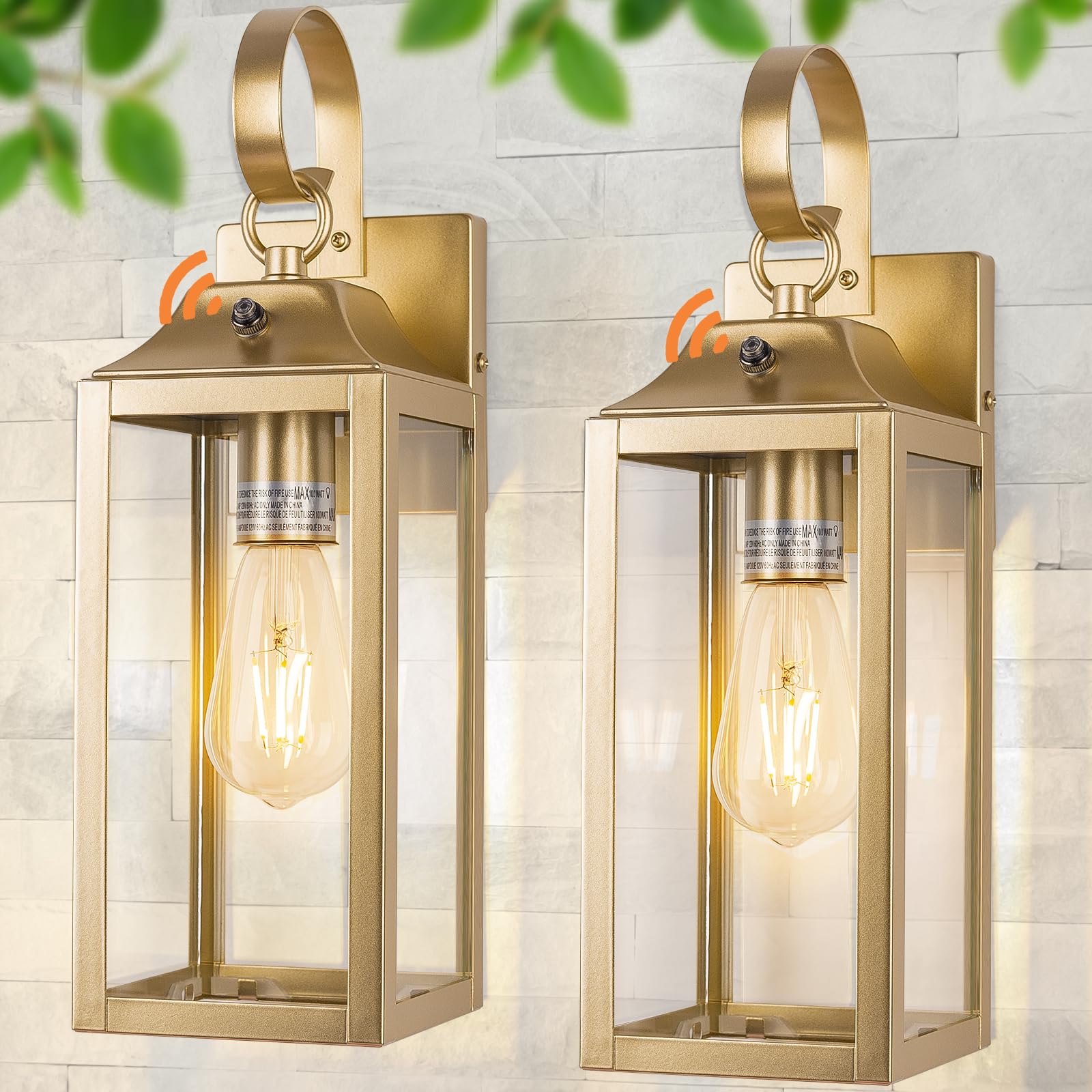 2 Pack Outdoor Light Fixtures Wall Mount, 15 Inch Gold Exterior Wall Sconces Waterproof, Large Outside Lights for House, Modern Wall Lanterns Clear Glass