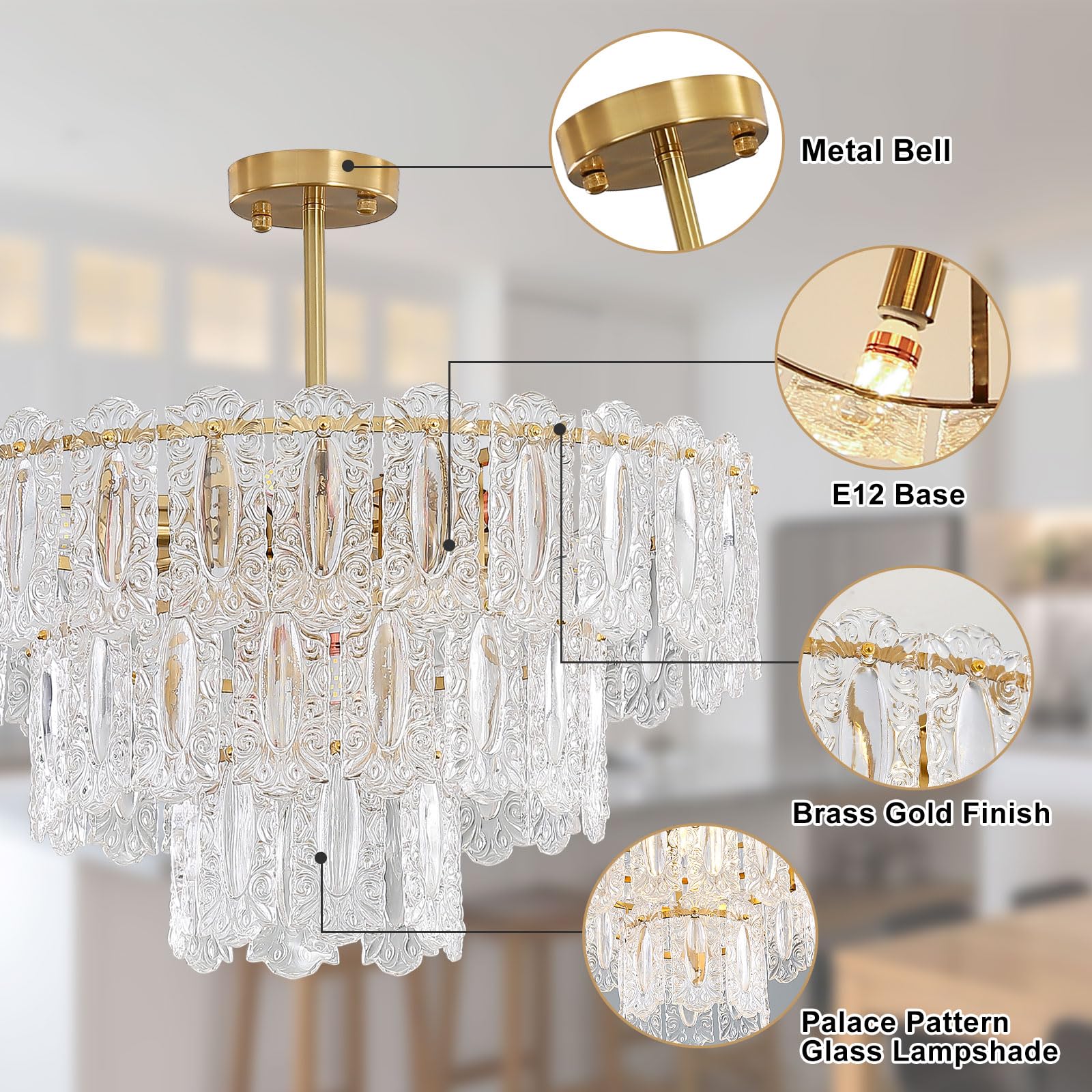 Wansi Modern Crystal Chandeliers for Bedroom: 24" Gold Crystal Hanging Ceiling Light Fixture with 3 Tiers French Glass Lampshade - Semi Flush Mount Chandelier for Dining Room Kitchen Included Bulbs