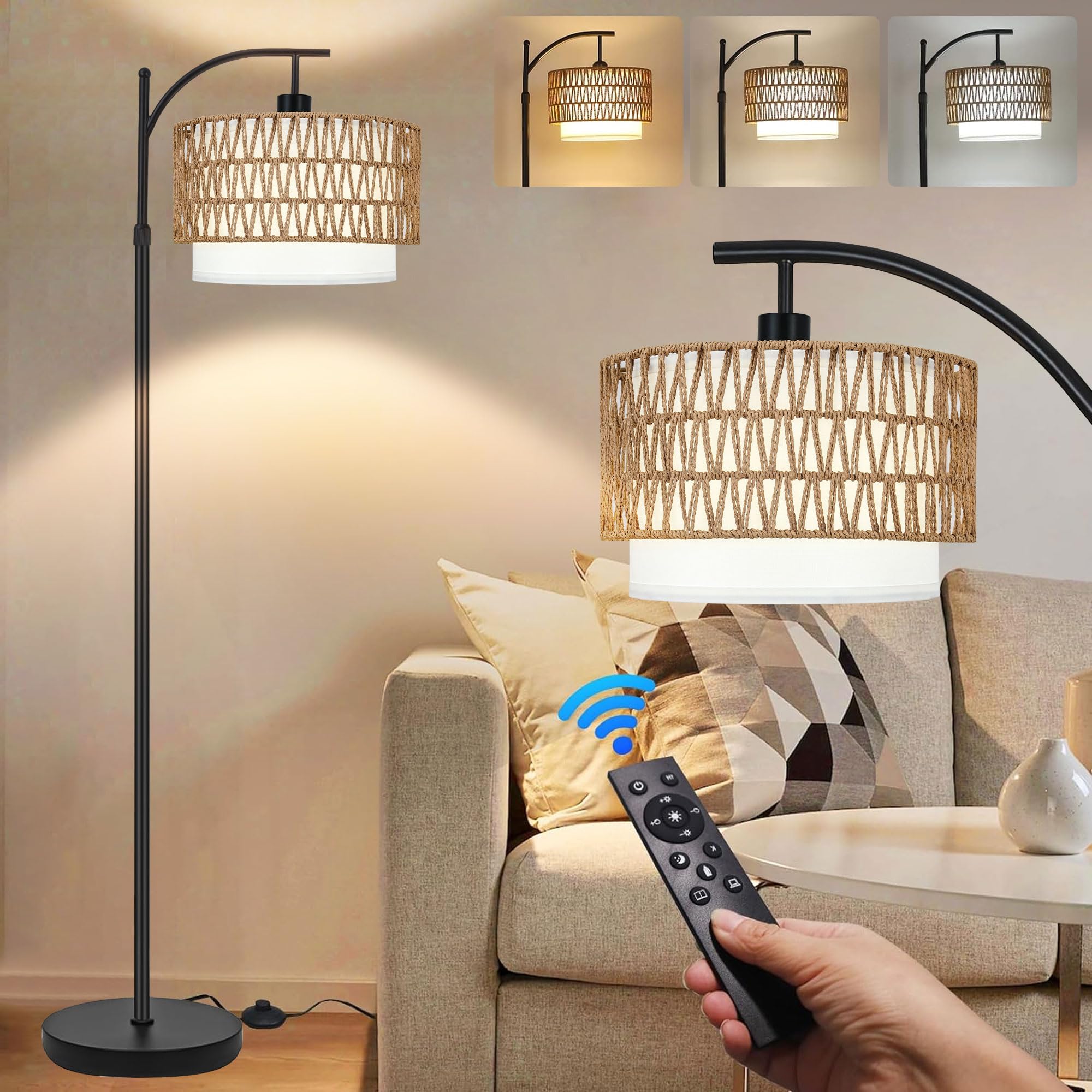 Arc Floor Lamps for Living Room Bedroom Rattan Boho Floor Lamp with Remote Control,Black Floor Standing Lamp Wicker Lamp Shade Rustic Tall Floor Lamp,Dimmable Modern Led Floor Lamp For Bedroom Corner