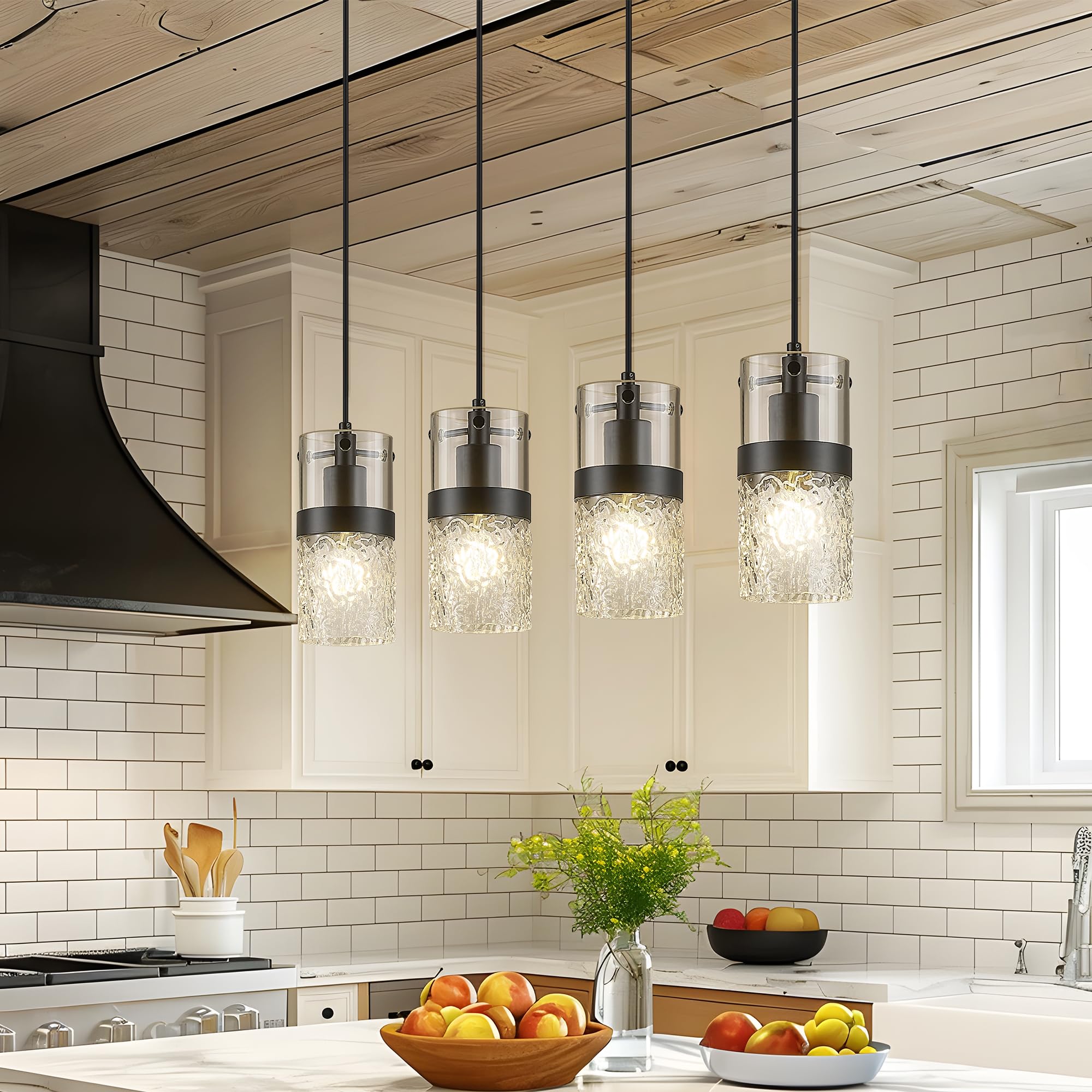 LMS 4-Light Island Lights, Farmhouse Light Fixtures with Hammered Glass Shade, Matte Black Linear Chandelier Pendant Lighting Over Table for Adjustable Height, Kitchen Island, LMS-171BK-4