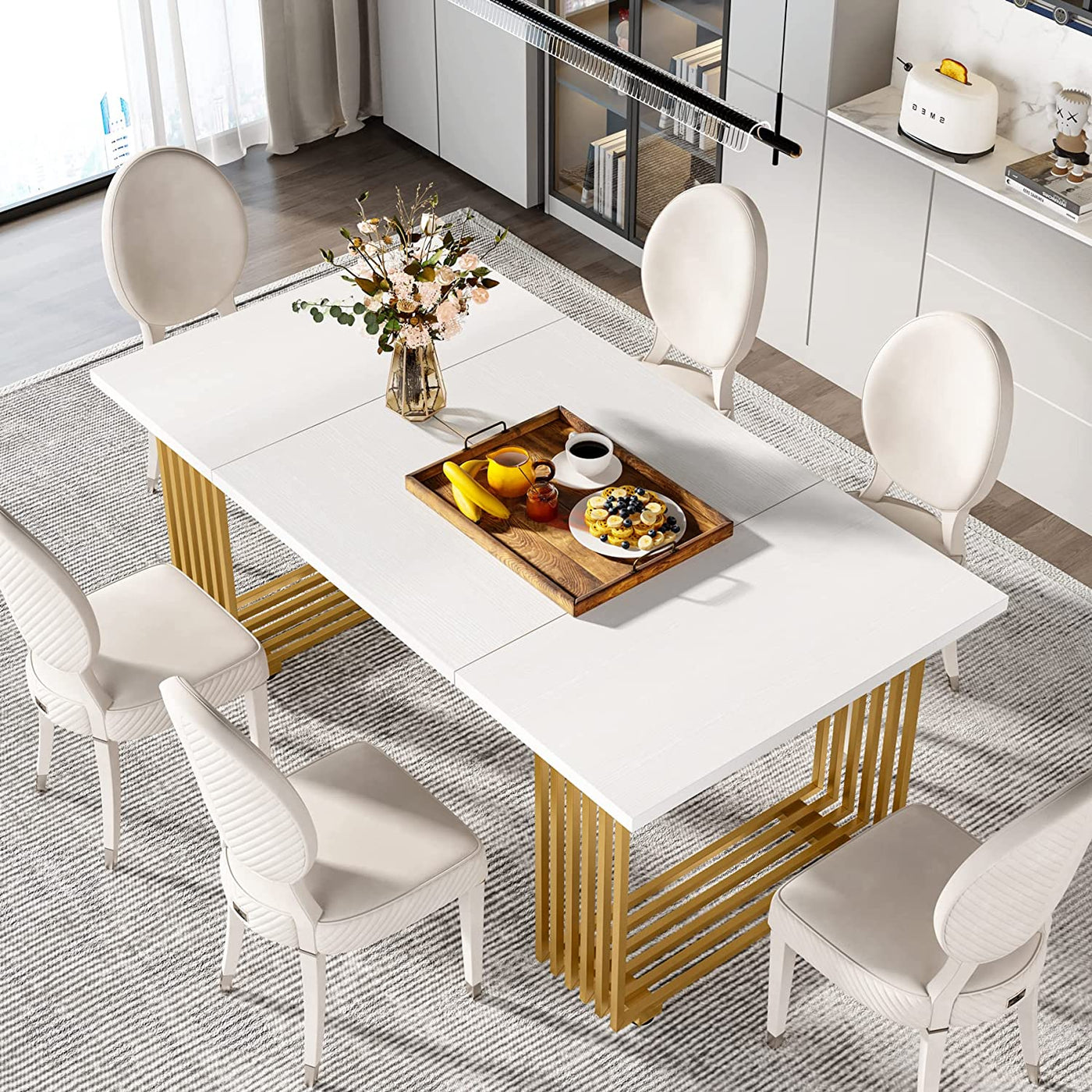 طاولة طعام حديثة من ناتال | طاولة مطبخ مستطيلة الشكل من الرخام الصناعي مقاس 70.8 بوصة، تتسع لـ 6-8 أشخاص