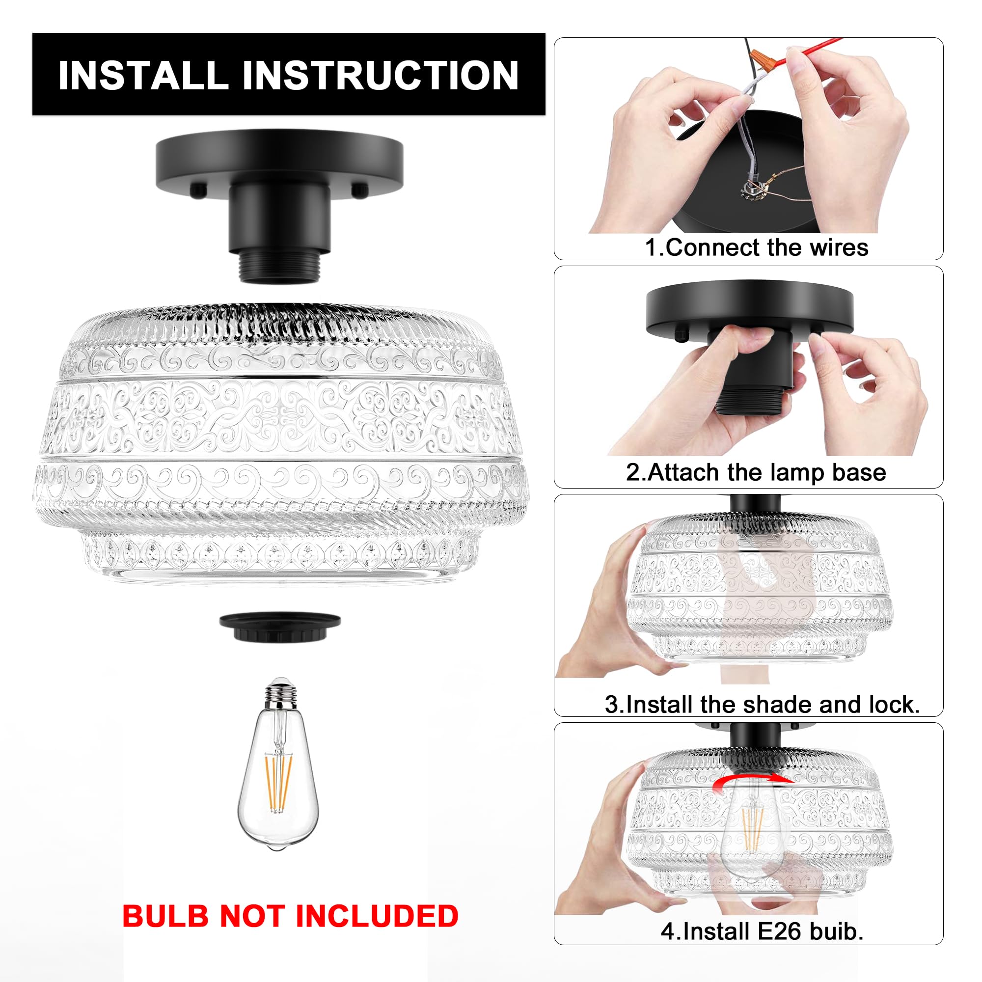 Semi Flush Mount Ceiling Light, Globe Glass Ceiling Light Fixture, Black Close to Ceiling Lighting, Indoor Kitchen Lighting for Hallway Porch Corridor Bedroom, Bulb Not Included