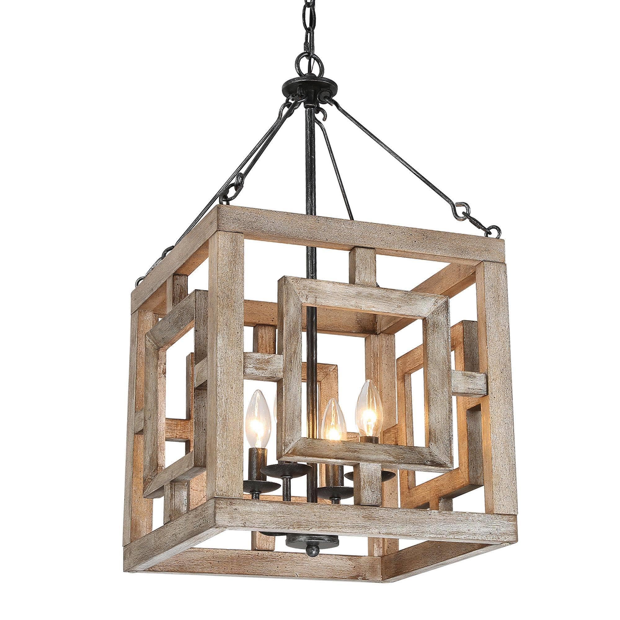 Farmhouse Wood Chandelier, 3 Light Rustic Mid-Century Lantern Wooden Chandeliers Hanging Light Fixture for Dining Room, Living Room, Bedrooms, Living Room, Entryway