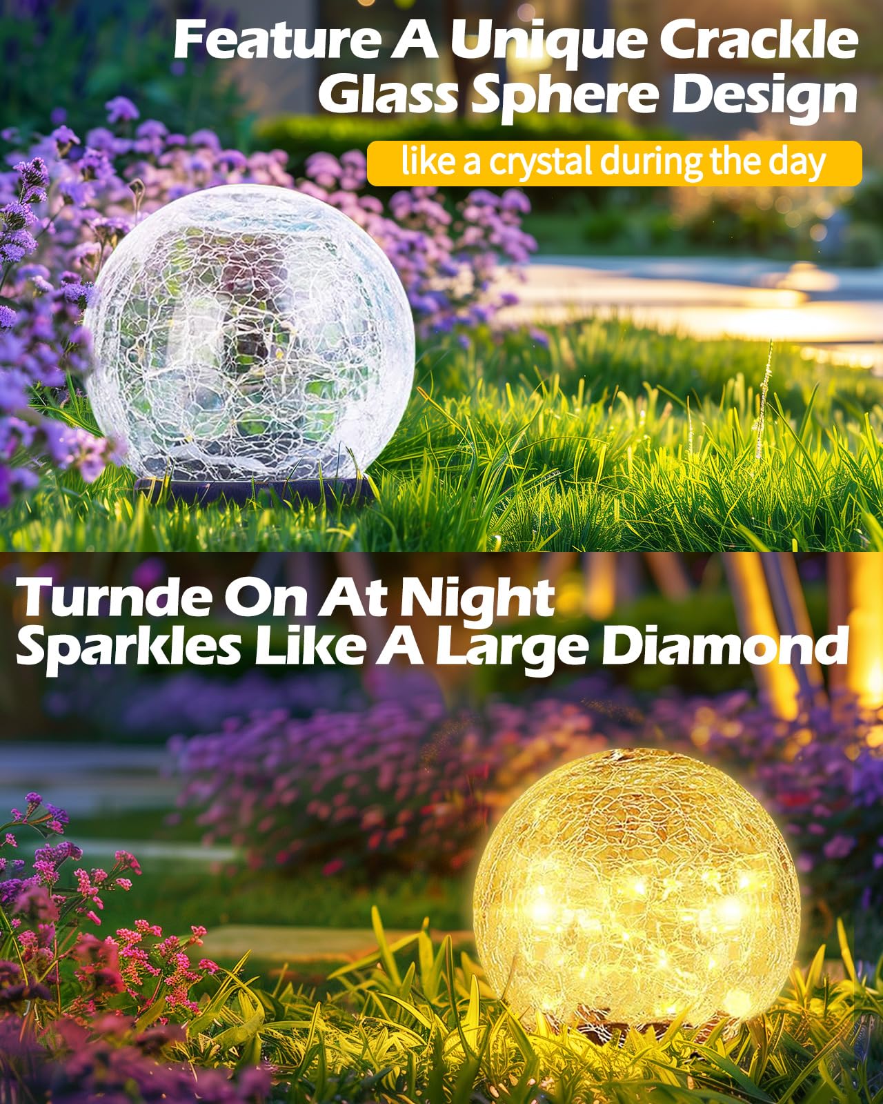 Garden Solar Ball Lights Outdoor Waterproof, 50 LED Cracked Glass Globe Solar Power Ground Lights for Path Yard Patio Lawn, Christmas Decoration Landscape Warm White(2 Pack 4.7'')