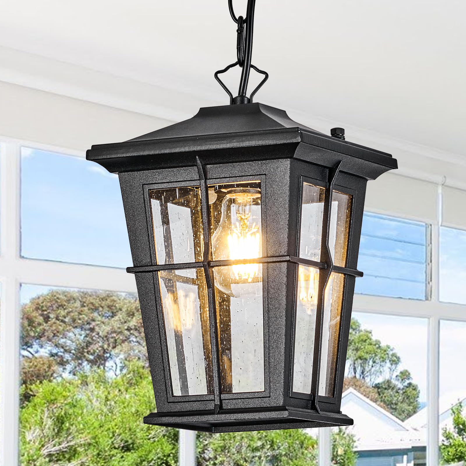 Outdoor Pendant Light, Waterproof Aluminum Black Exterior Hanging Lantern with Seeded Glass, Outside Chandelier Modern Exterior Hanging Light Fixtures for Porch Foyer Entryway, 609-1H-SBK