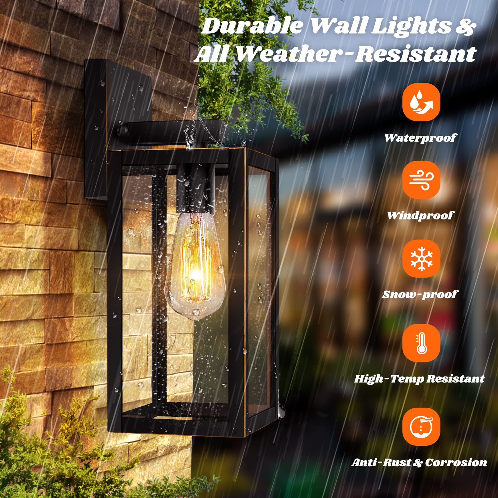 2-Pack Outdoor Light Fixtures Wall Mount, Waterproof Exterior Wall Lanterns with Clear Glass, Anti-Rust Outside Black Wall Sconces, Front Porch Lights for House Garage Doorway, Bulbs Not Included