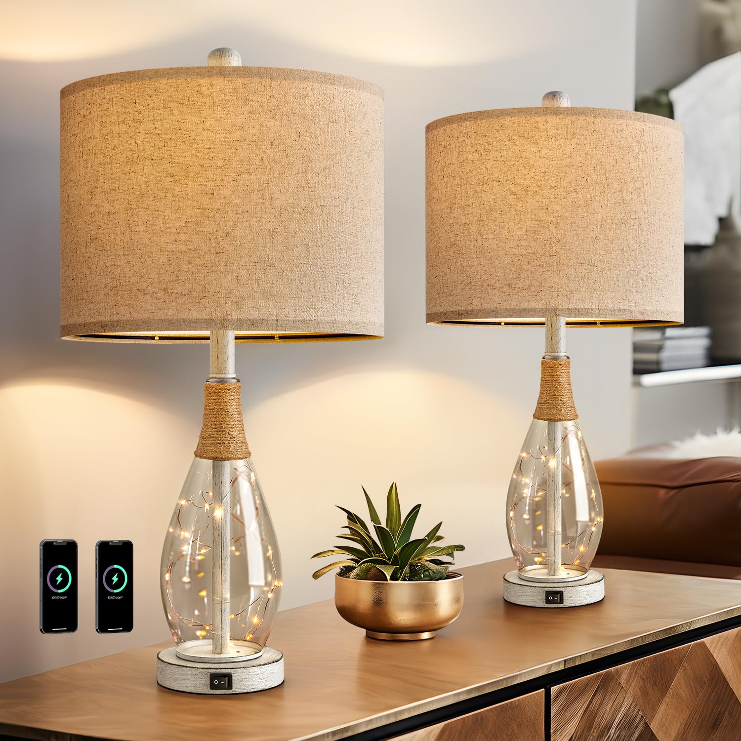 23" Table Lamps for Living Room Set of 2 Bedside Lamps for Night Stands Bedroom Lamps Farmhouse Rattan Boho Lamp Glass Nightlight End Table Lamp with USB C+A (White)