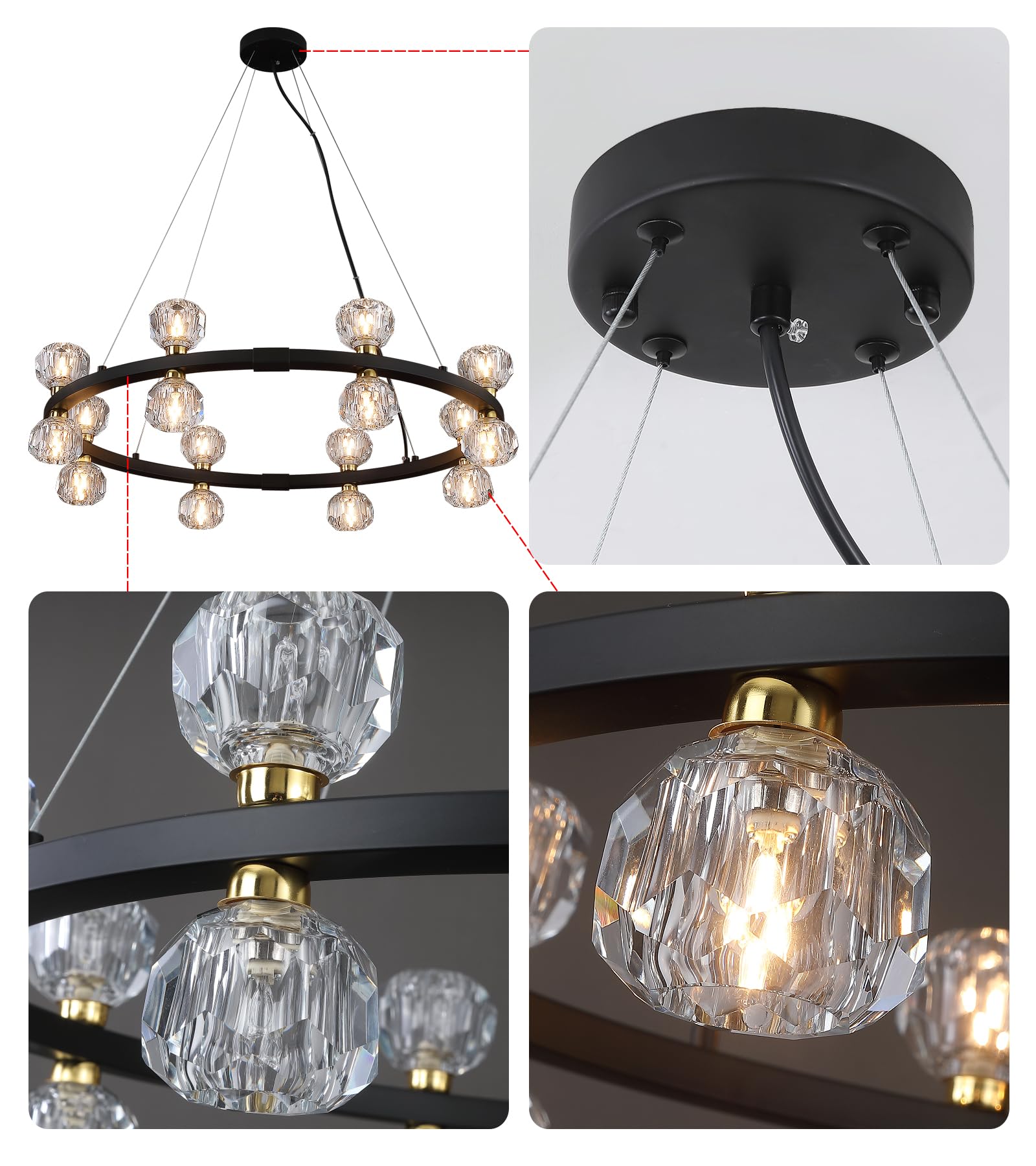 Black Modern Crystal Chandeliers,Farmhouse Rectangle 16-Light Dining Room Light Fixtures for Kitchen Island Bar Living Room UL Listed 𝐋𝟑𝟓.𝟓"