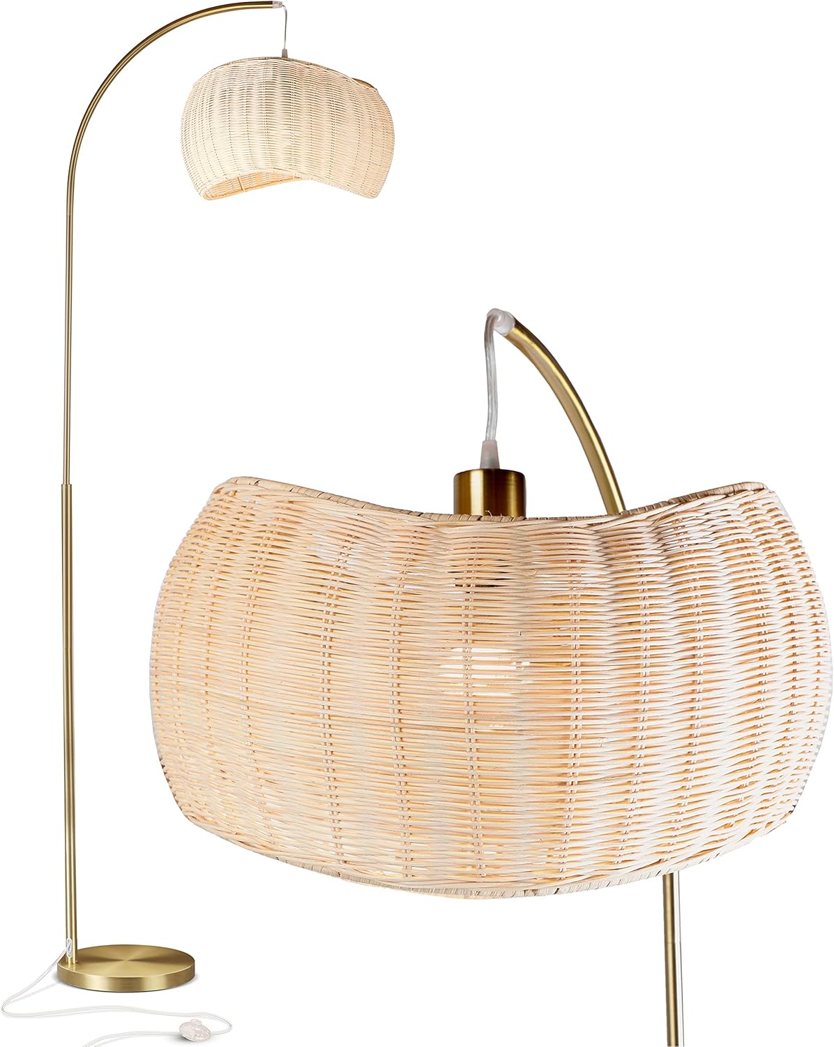 Wave Arched Floor Lamp – Unique Hanging Wicker Shade for Living Rooms – Rattan Style Matches Boho and Other Décor – Arcs Over Sofas and Dining Tables for Compliments - Brass