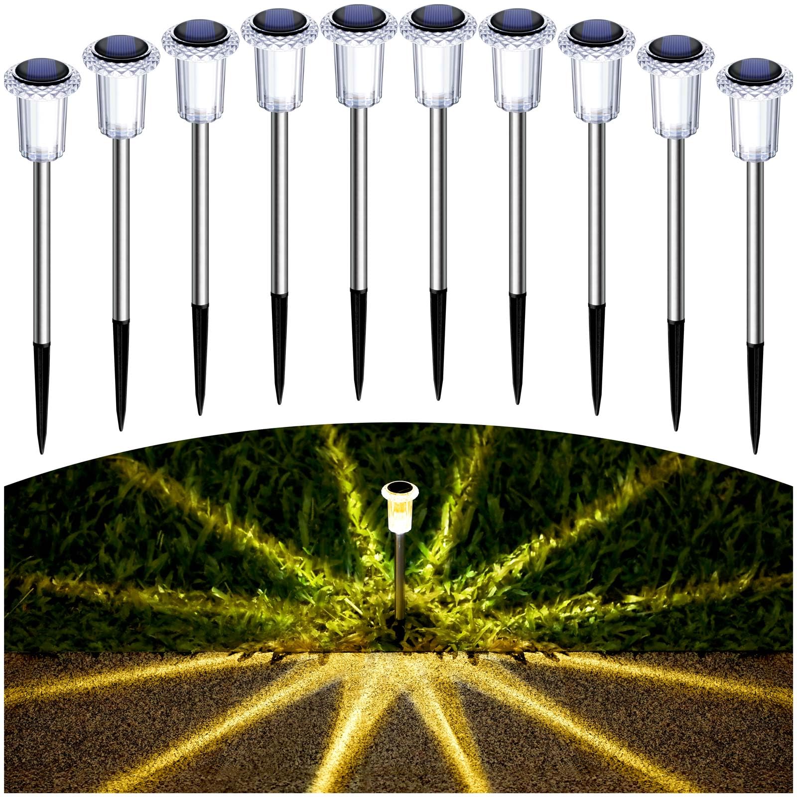 Solar Lights Outdoor 10 Pack Solar Pathway Lights Outdoor Waterproof Solar Garden Lights LED Stainless Steel Outdoor Solar Lights for Yard Path Walkway Driveway Garden Decor (Cold White)