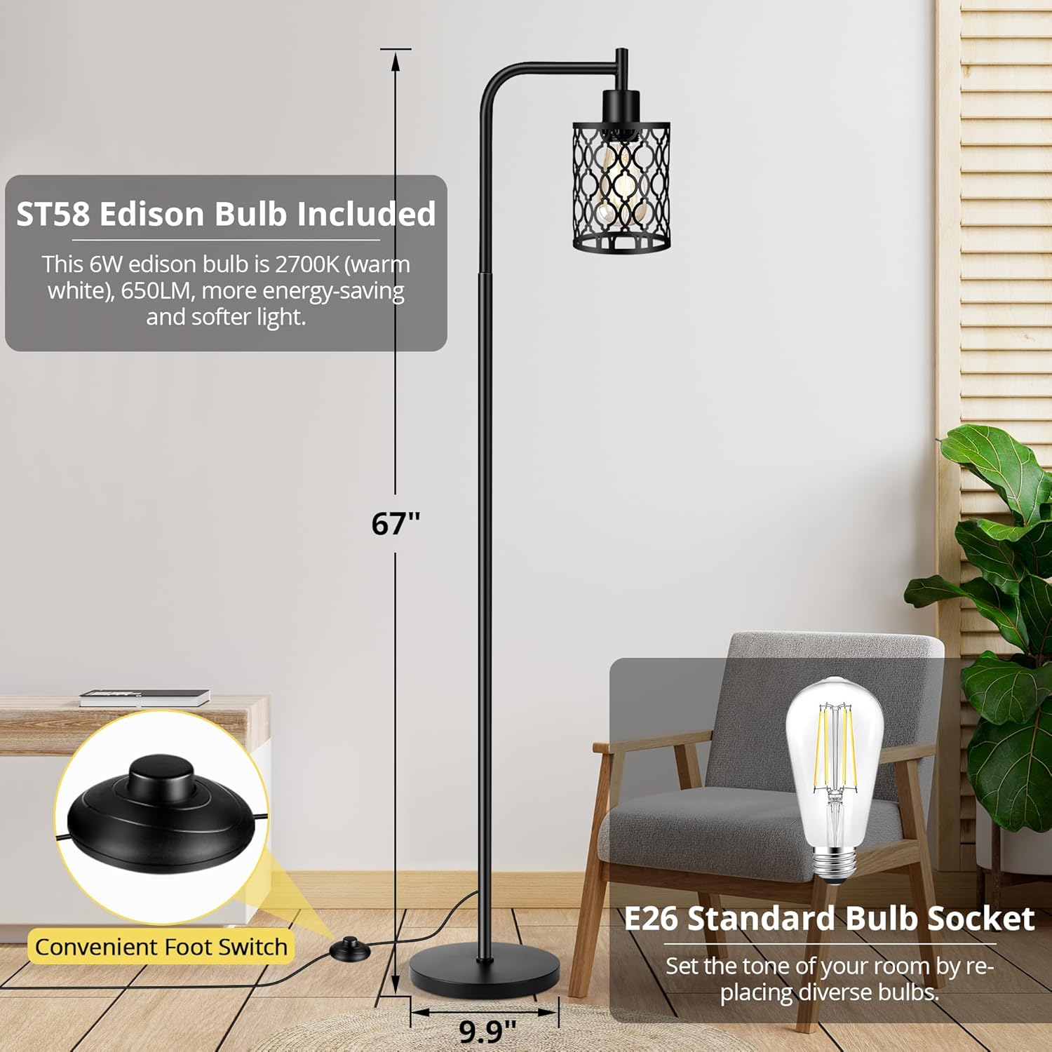 Industrial Floor Lamp with Metal Shade, Black Farmhouse Floor Lamp Including 6W 2700K Edison Bulb, Standing Lamp for Living Room, Tall Pole Lamp for Bedroom, Office Lighting, Black, 67"