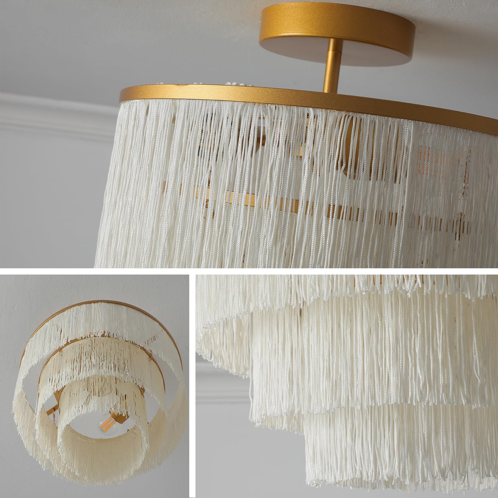 3-Light Semi Flush Mount Ceiling Light,Gold Boho Light Fixture,3-Tiererd Fringe Light for Bedroom,Nursery,Laundry Room.