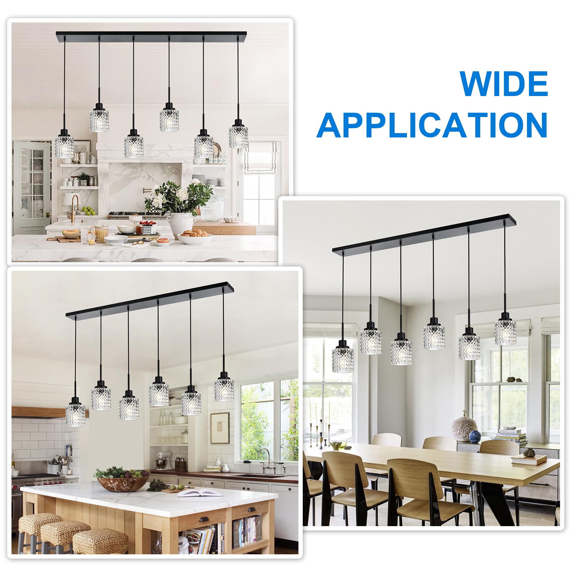 6 Lights Linear Chandeliers for Dining Room, Black Island Lighting Fixture Hanging Pendant Lights with Hammered Glass Shade for Kitchen Island, Dining Hall, Bar