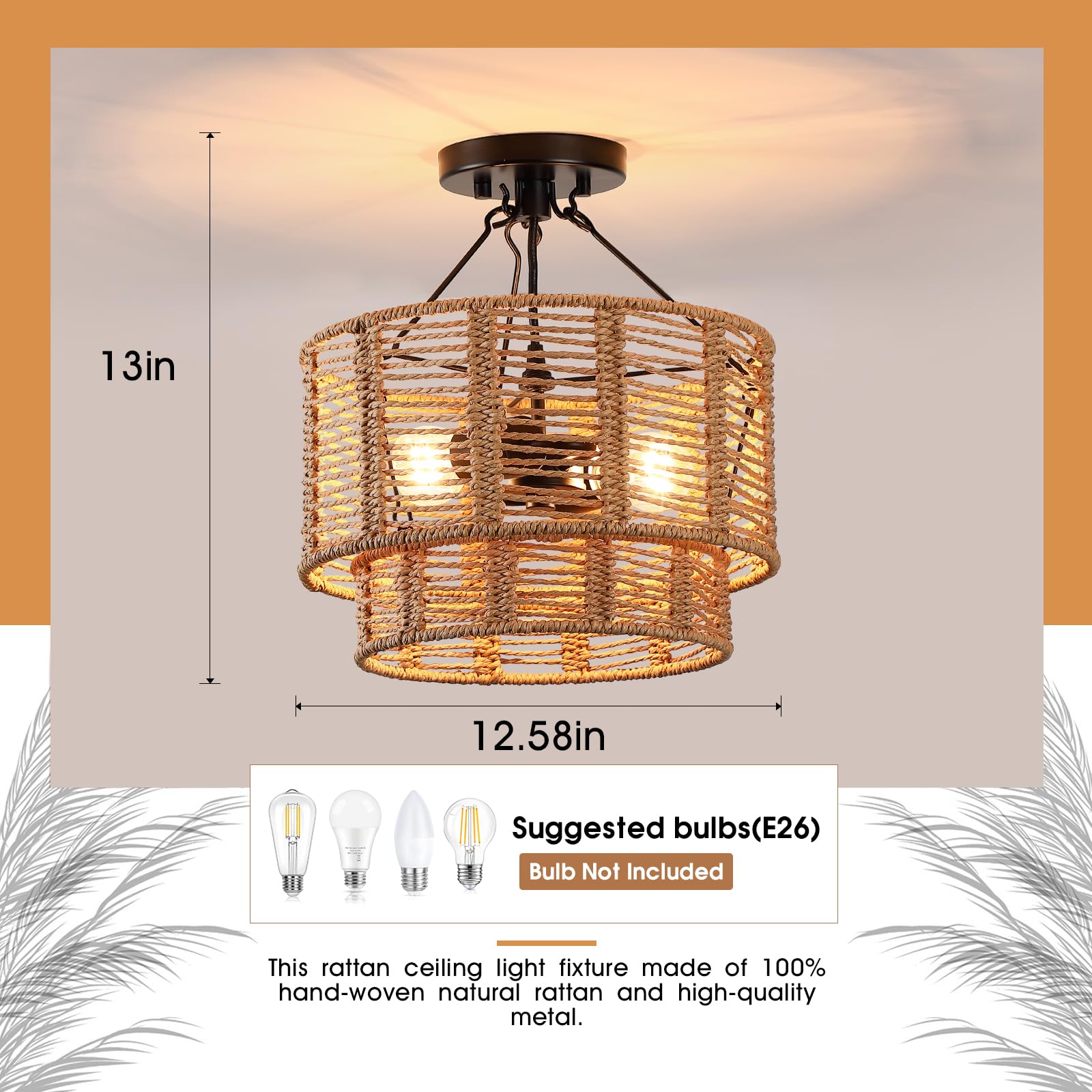 12'' Rattan Ceiling Light Fixtures Boho Chandelier Rattan Semi Flush Mount Ceiling Light with Tiered Wicker Lampshade,Farmhouse Ceiling Light Fixtures for Bedroom Entryway Living Room Nursery