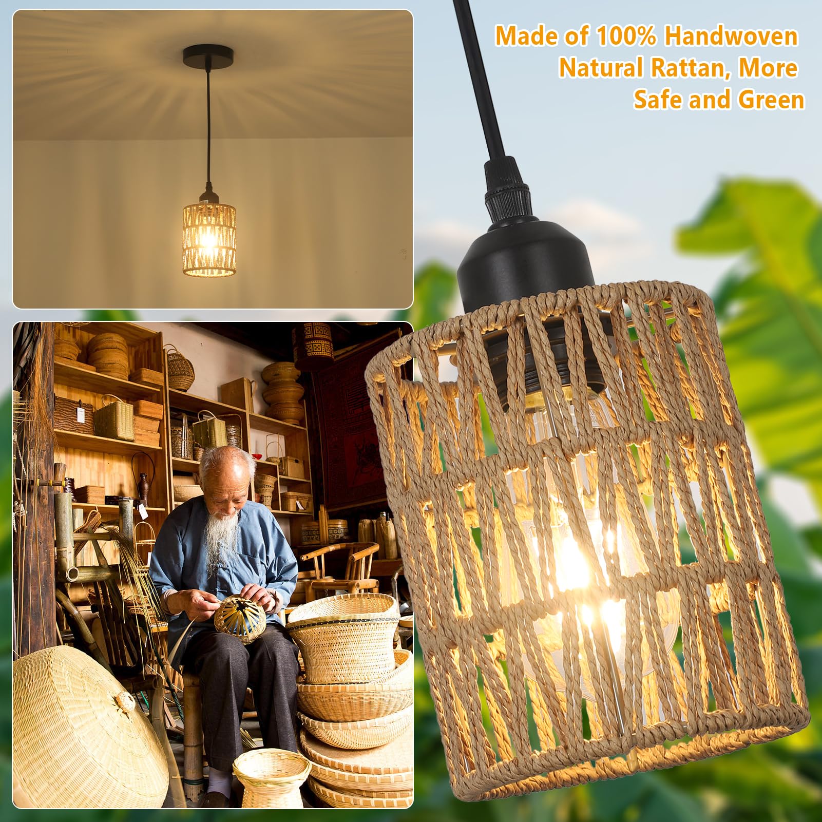 Rattan Pendant Lights, Boho Farmhouse Pendant Lighting with Hand Woven Natural Rattan Shade, Small Wicker Light Fixtures Ceiling Hanging for Dining Room Kitchen Bedroom Foyer Hallway