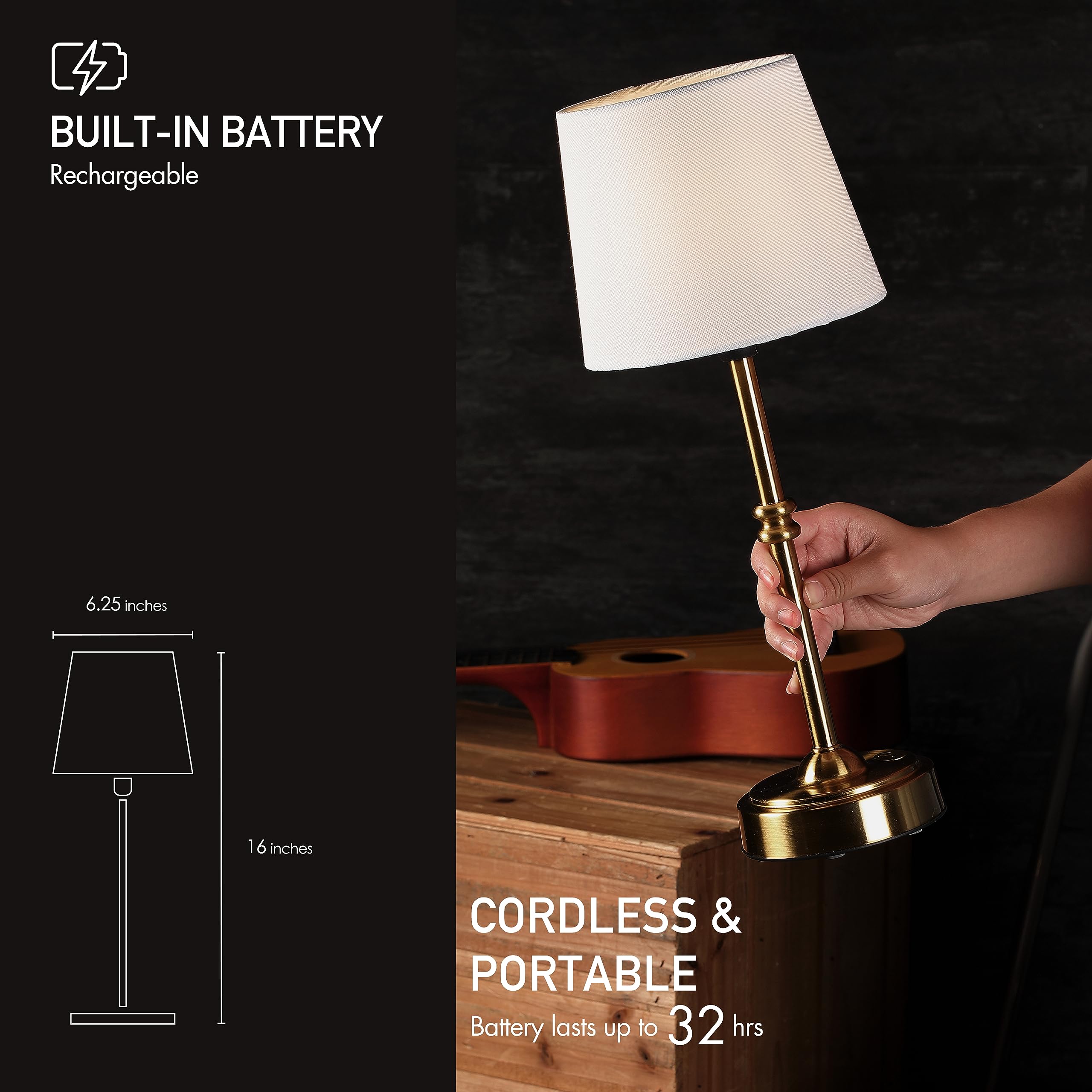 Cordless LED Table Lamp with Dimmer, Built-in Rechargeable Battery, 3-Level Brightness, Patio Table Lamp, Bedside Night Lamp, Ambient Light for Restaurant, Antique Brass