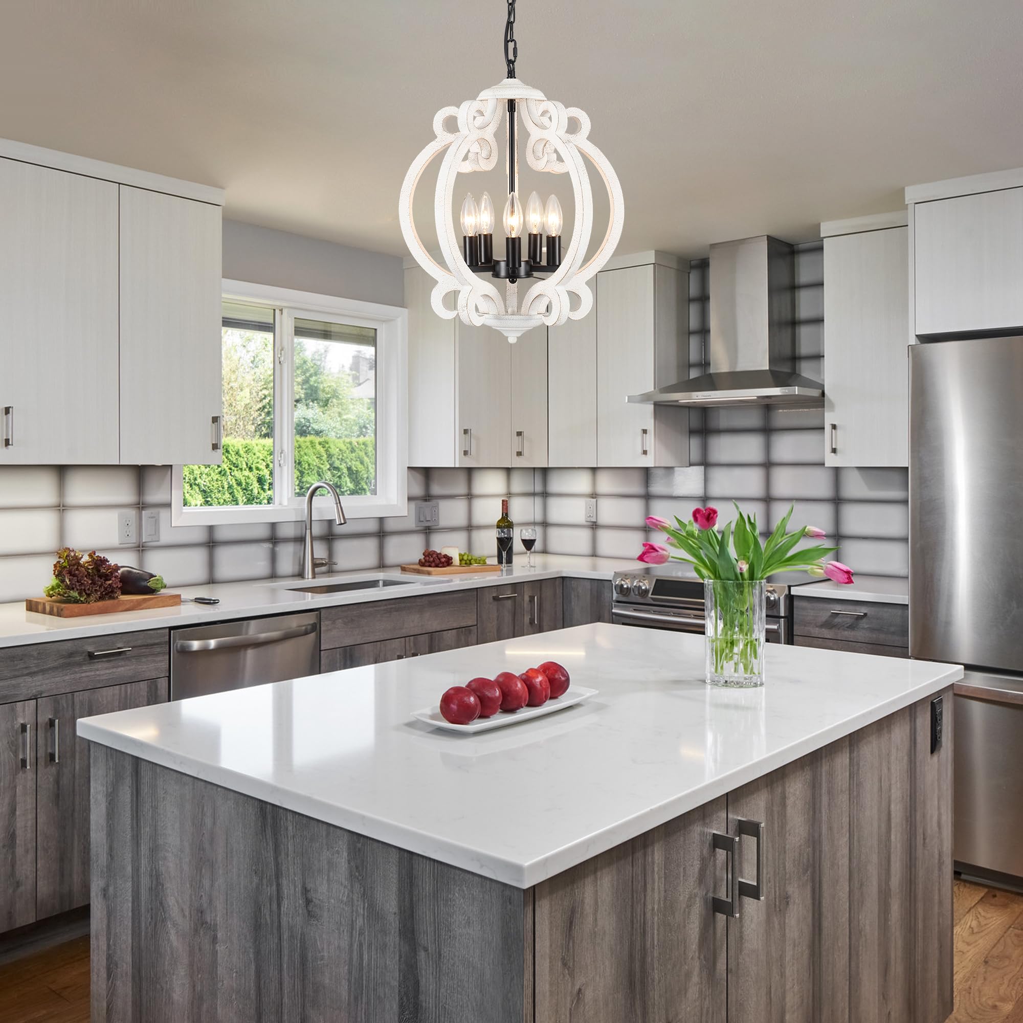 Wooden Chandeliers for Dining Room, 5 Lights Farmhouse Orb Chandeliers Antique White & Black French Country Chandelier for Living Room Kitchen Foyer