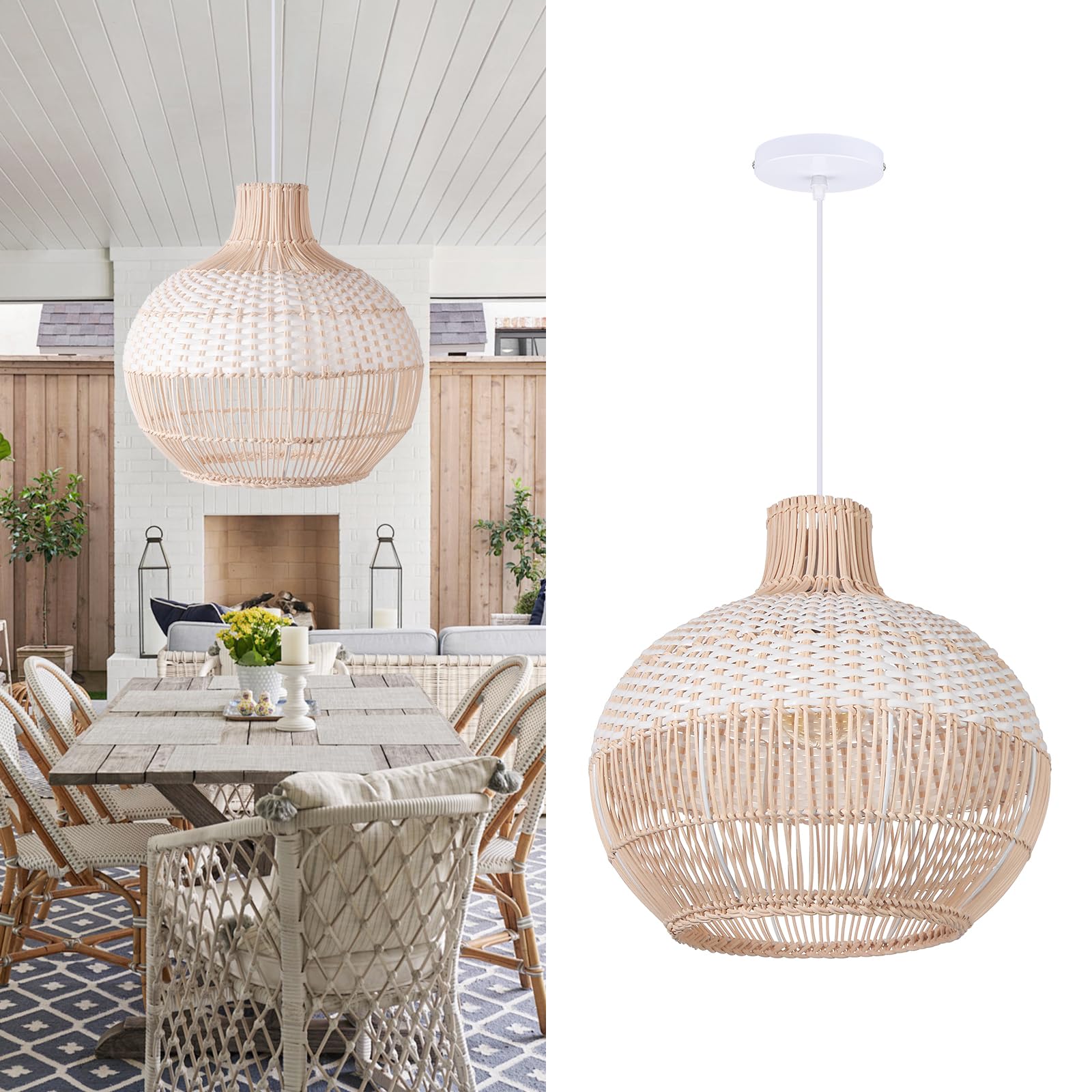 White Rattan Pendant Lights, Farmhouse Coastal Wicker Hanging Ceiling Lighting Chandelier, Handmade Woven Lampshade for Kitchen Island