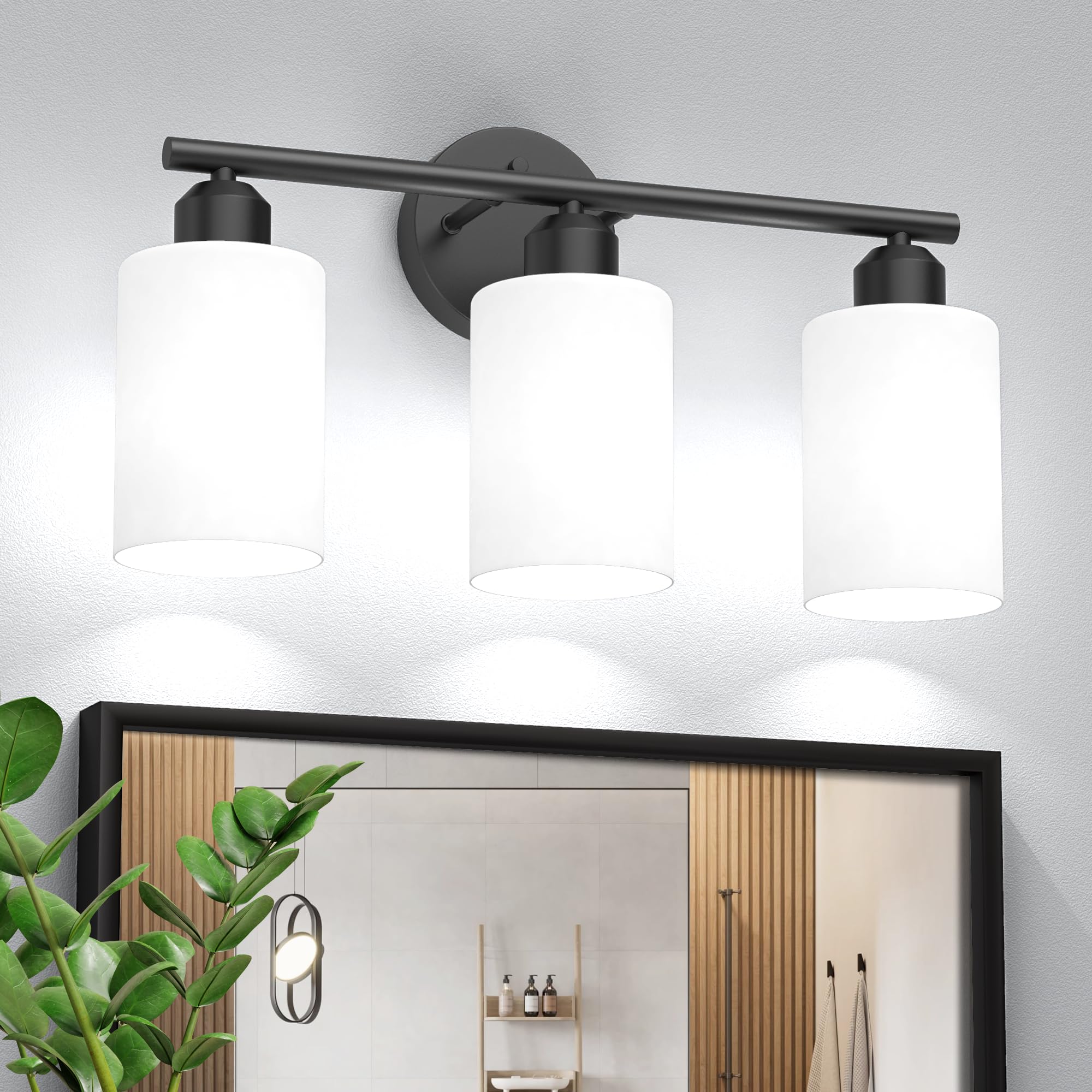 Bathroom Vanity Light Fixtures Matte Black Bathroom Lighting Fixture, 3 Lights Bathroom Light Fixture Over Mirror, Modern Black Vanity Light, UL Certified Wall Sconces with Glass Shades