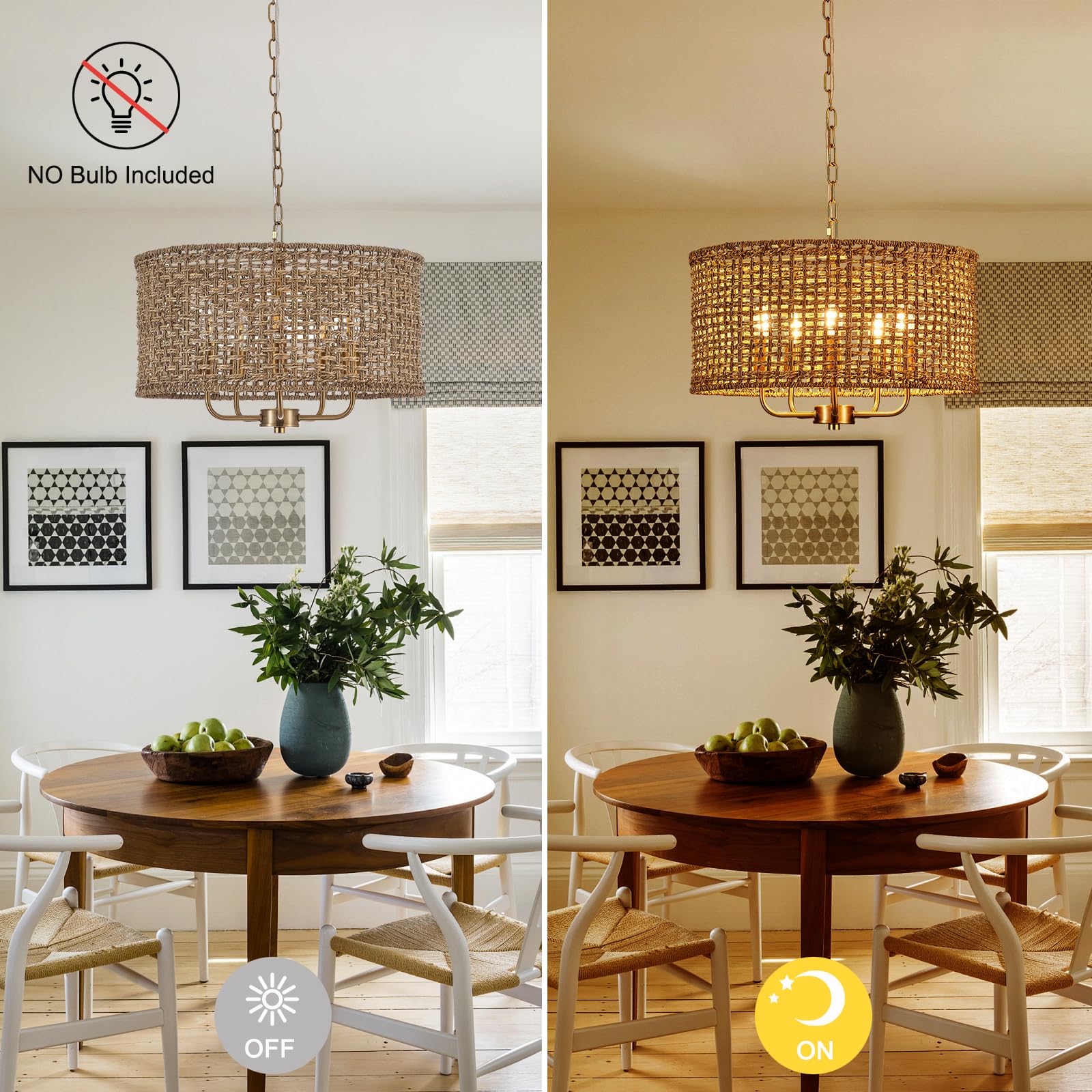 Hand-Woven Rattan Chandelier Vintage Farmhouse Boho Bamboo Chandelier Light Fixture Rustic Retro 5-Lights Drum Wicker Rattan Black Chandelier for Dining Room, Kitchen, Living Room, E12