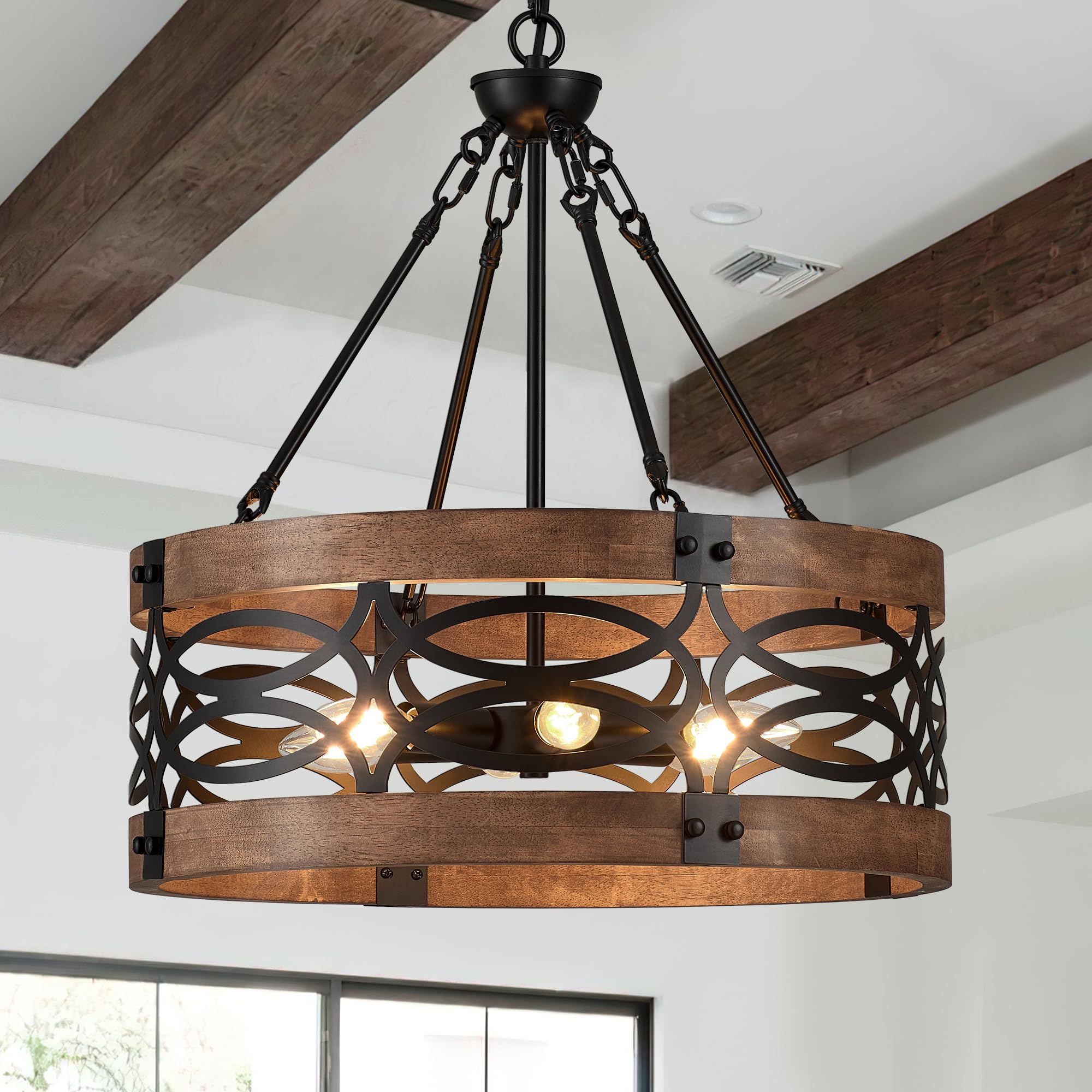 6-Light Farmhouse Wood Pendant Light,22.83'' Vintage Rustic Brown Oak Wood Chandeliers,Retro Industrial Hanging Light Fixtures for Dining Room Entryway, Bedroom