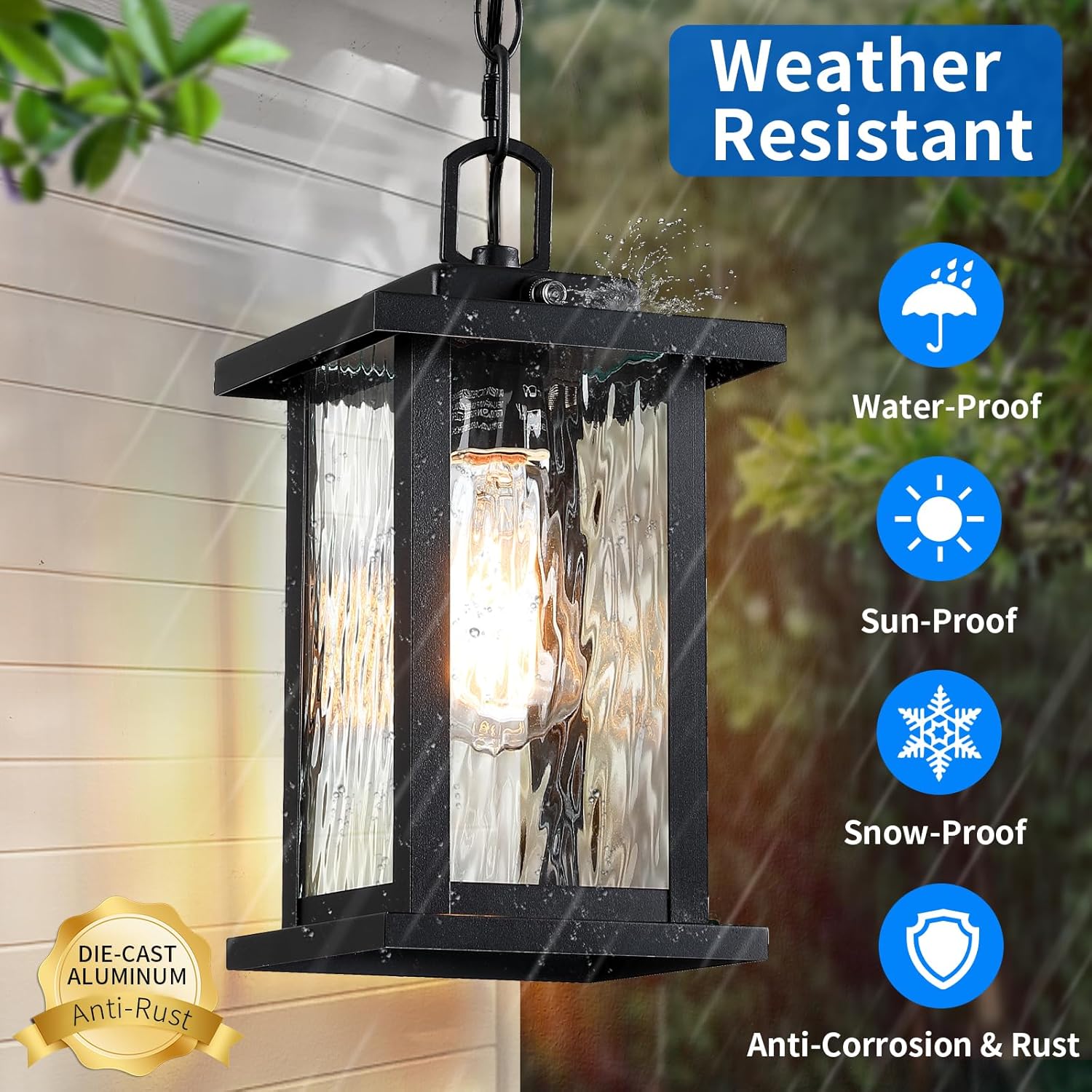 Outdoor Hanging Light, 11.8" Modern Exterior Pendant Light Fixture for Front Porch, Black Outdoor Patio Lighting with Tempered Seeded Glass, Anti-Rust Adjustable Chain Outdoor Chandelier Lantern