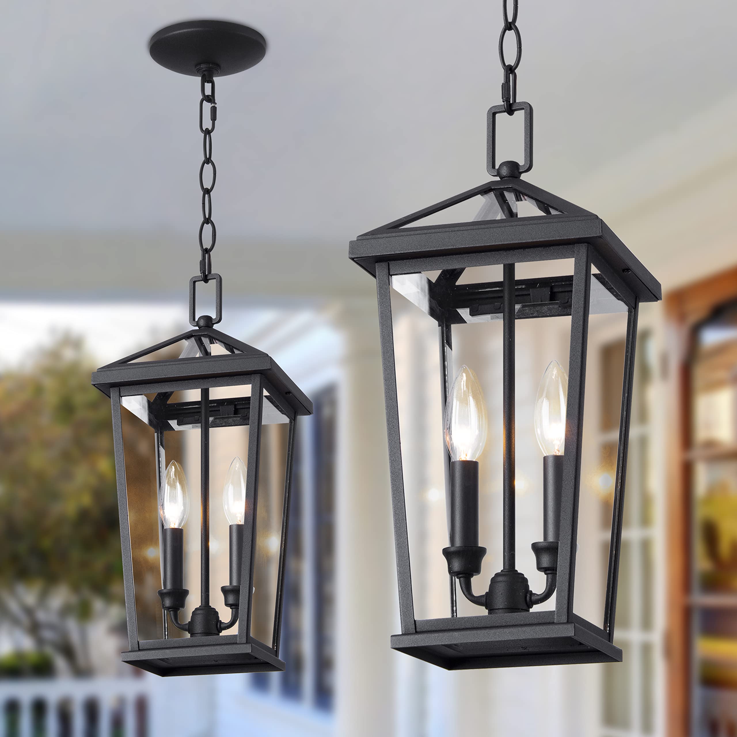 Outdoor Pendant Light Exterior Hanging Lantern Porch Pendant Lights, Light Wood Grain with Glass 1-Light Lamp for for Porch, Patio, Entryway