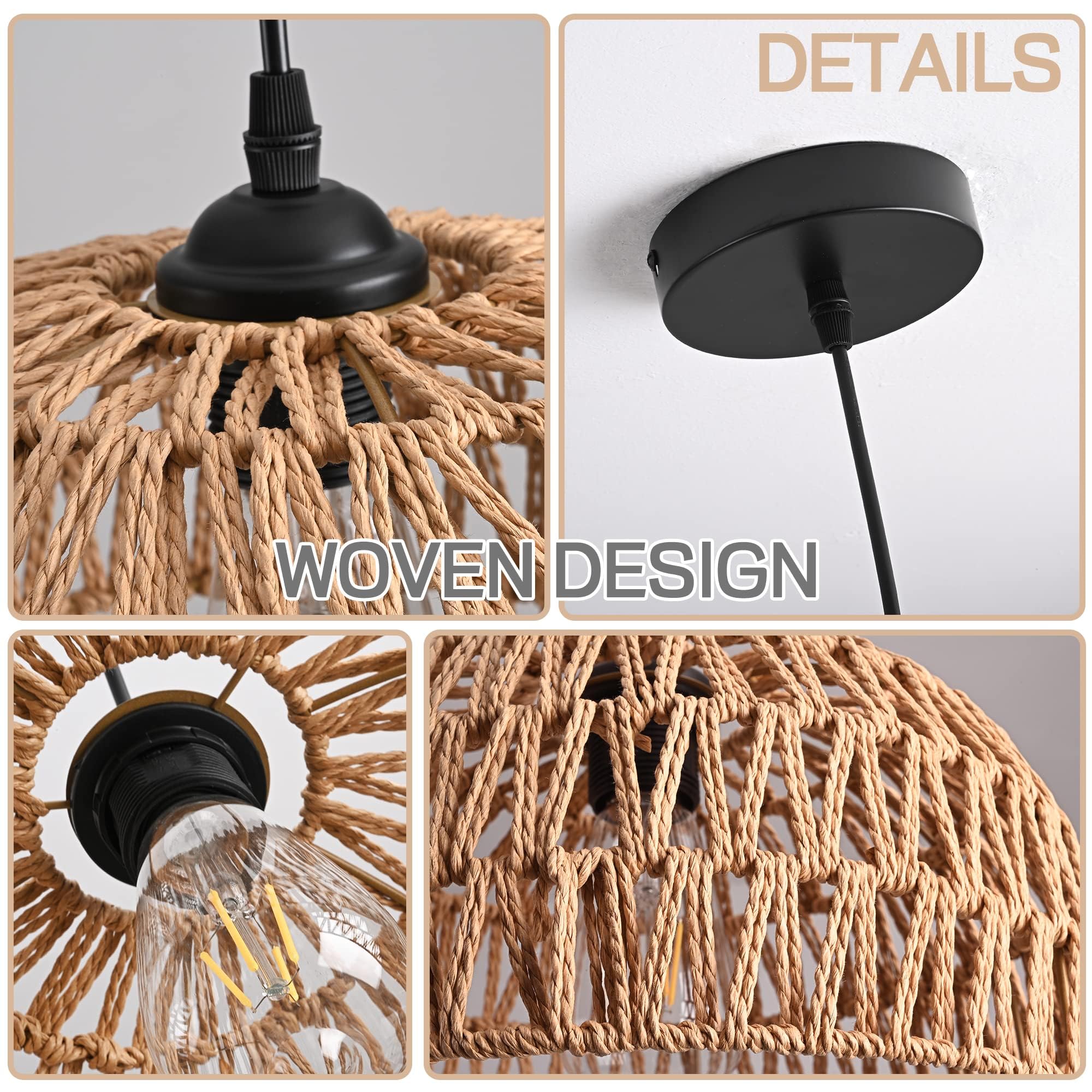 Mini Hemp Rope Woven Pendant Light Woven Light Fixture Boho Chandelier Light Fixture Wicker Pendant Light Rattan Light Pendant Dome Wicker Chandelier for Bedroom Kitchen Island(Bulb Incl.)