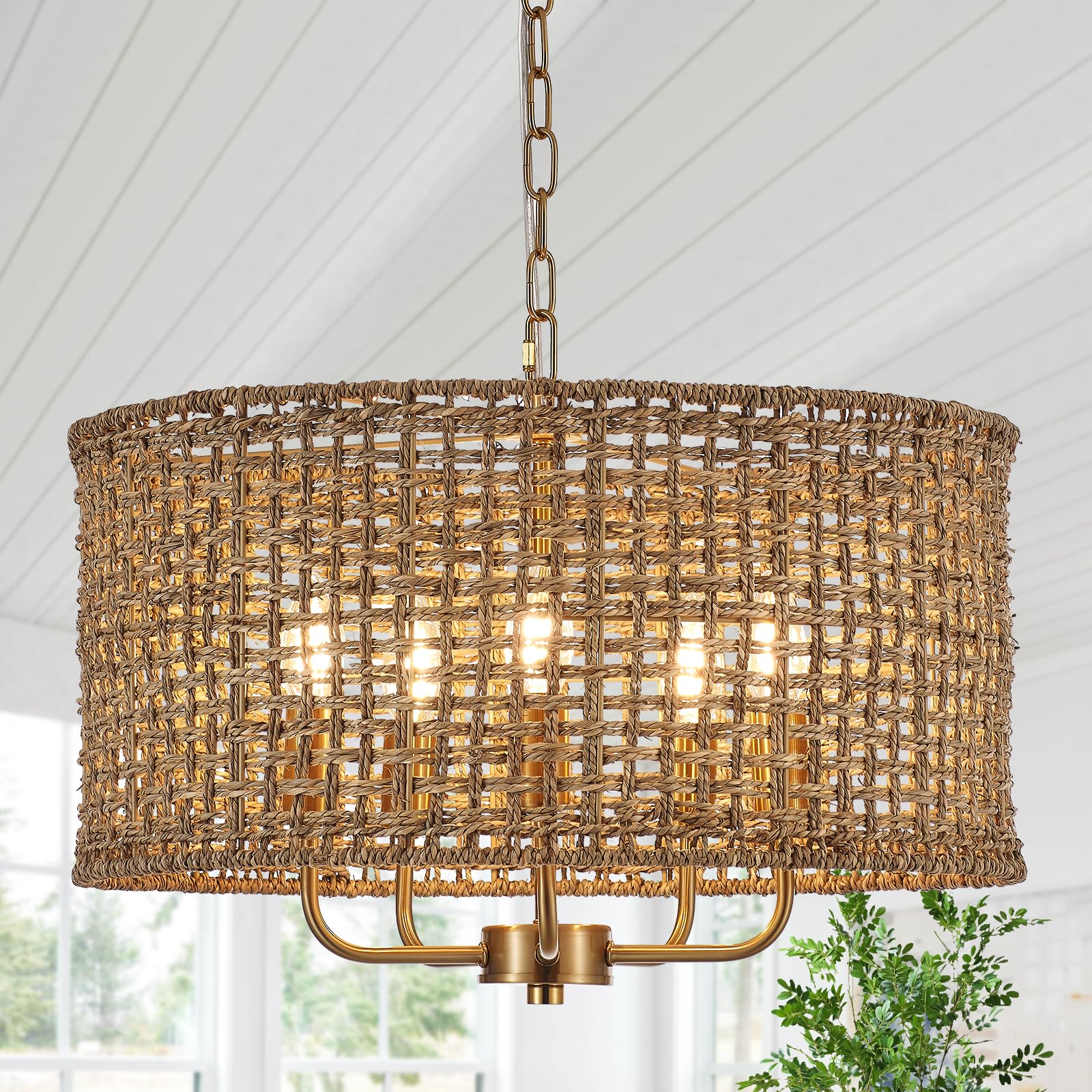 Hand-Woven Rattan Chandelier Vintage Farmhouse Boho Bamboo Chandelier Light Fixture Rustic Retro 5-Lights Drum Wicker Rattan Black Chandelier for Dining Room, Kitchen, Living Room, E12