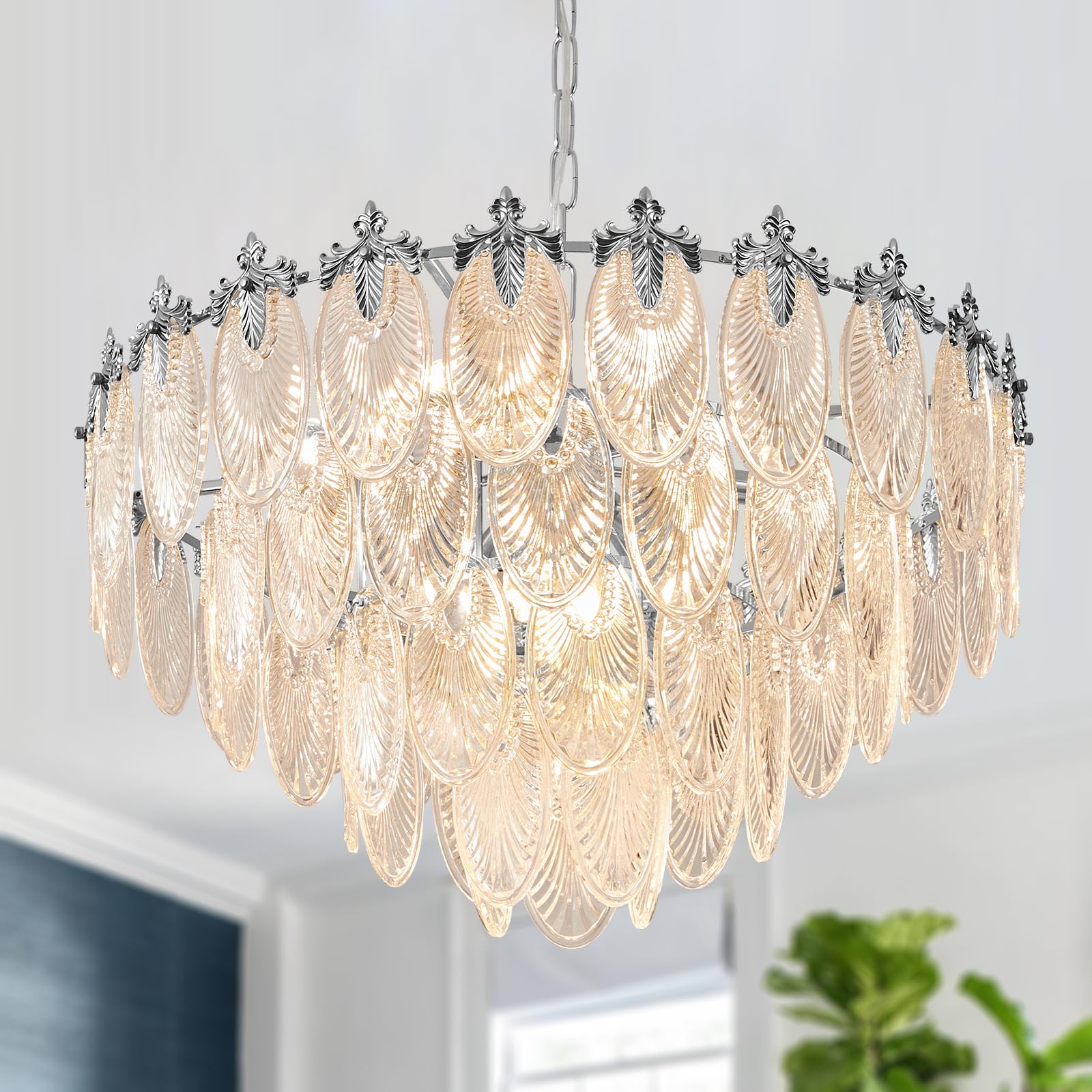 Antique Chandeliers 3-Layer Crystal Glass Chandelier, 9-Lights Round Pendant Light 23.6" Brushed Brass Gold Adjustable Height, Applicable to Dining Room, Bedroom, Living Room, Foyer, Kitchen Island