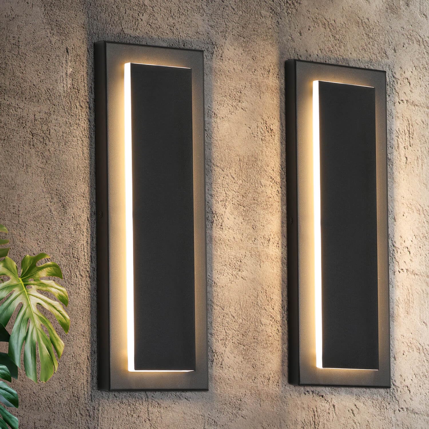 2 Pack Modern LED Outdoor Wall Lights, Black Exterior Wall Sconce & Indoor Wall Sconce Lighting Fixtures, 15.7'' Large Front Door Lights for Entrance, Hallway, 360° Beam Angle, Warm White 3000K