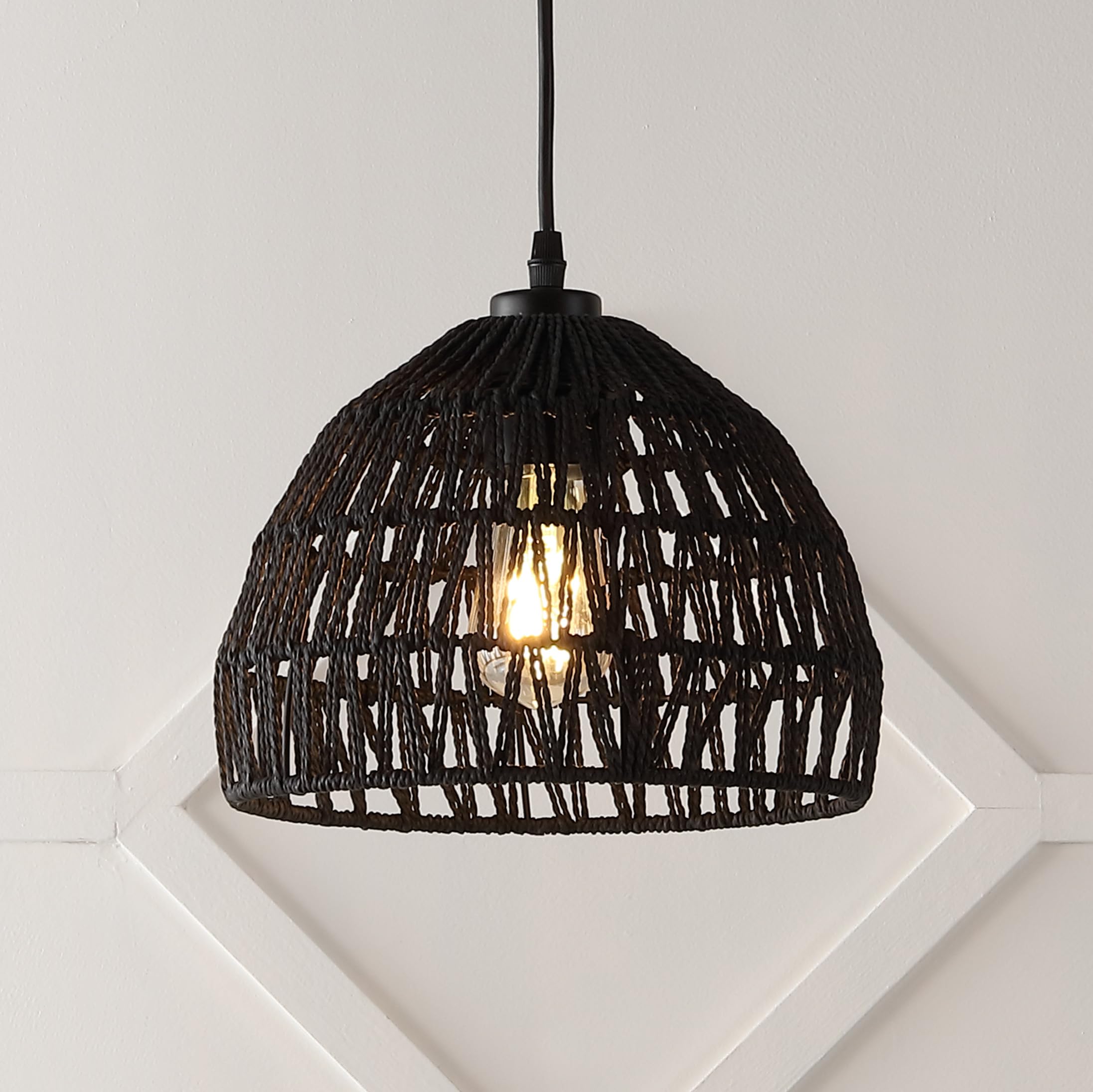 20" 1-Light Bohemian Modern Woven Rattan/Iron LED Pendant Farmhouse Coastal Adjustable Dining Room Living Room Kitchen Island Foyer Bedroom Hallway, Black