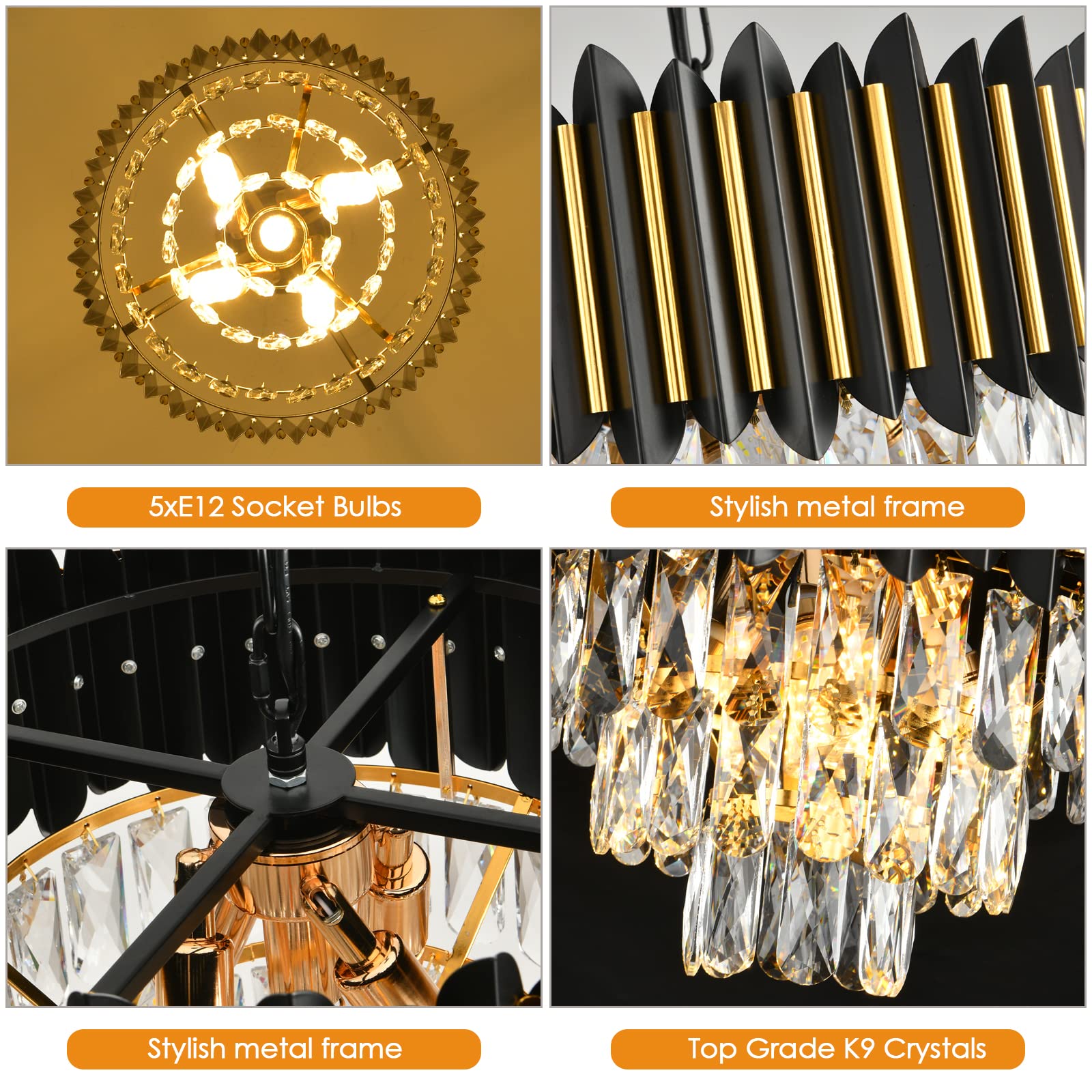 Modern Crystal Chandeliers 3 Tiers Black and Gold Chandelier Pendant Light Fixtures Round Flush Mount Chandeliers Ceiling Lighting for Living Room Dining Room Foyer Bedroom Entryway Kitchen W16in