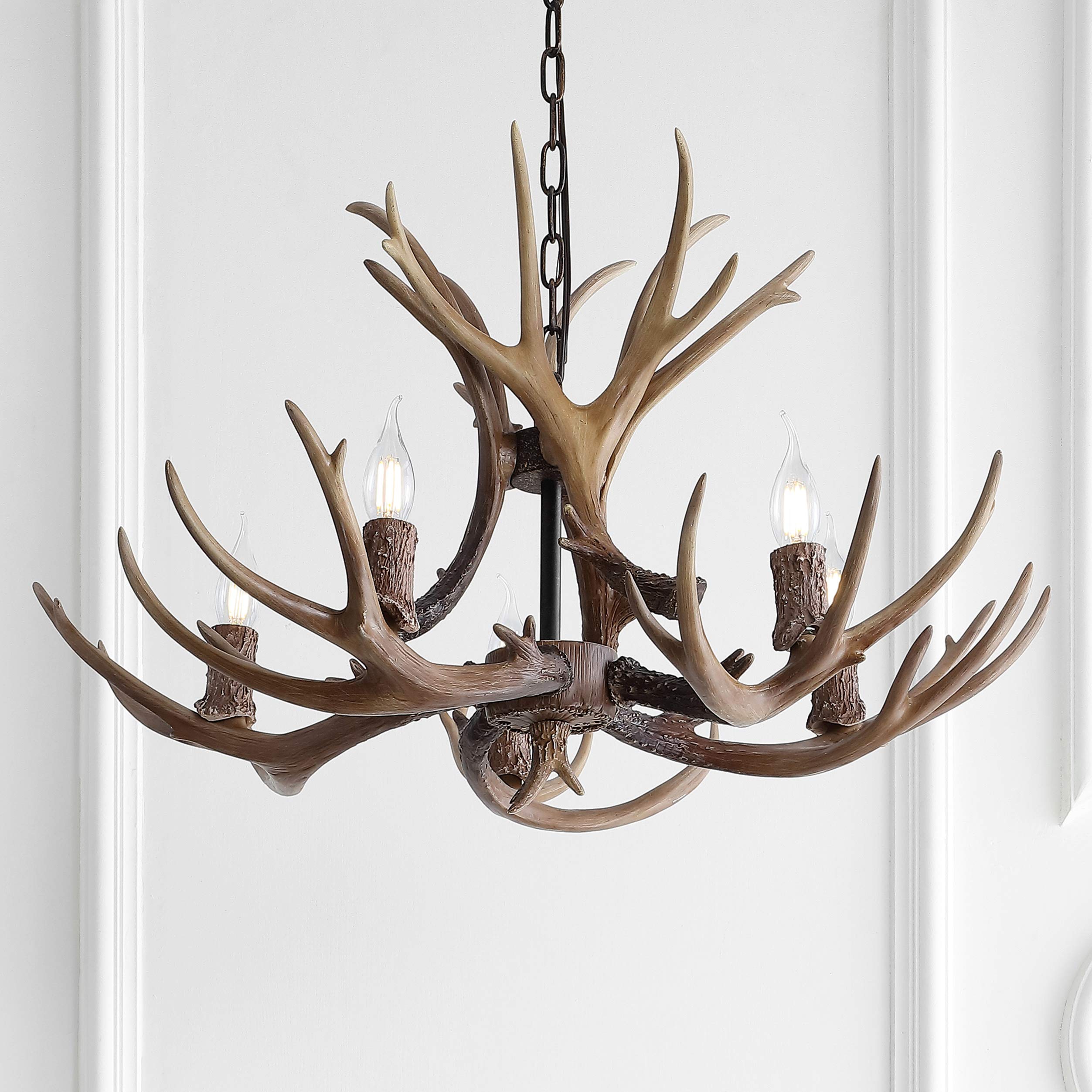 30" Adjustable Resin Antler 5-Light LED Chandelier, Glam, Rustic,Cottage,Transitional, Dimmable Dining Room, Living Room, Kitchen, Foyer, Bedroom, White