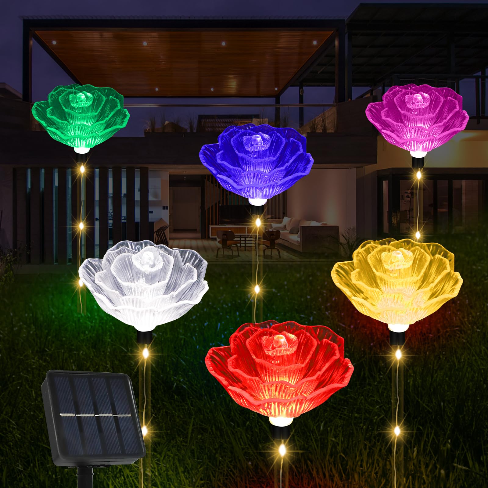 Upgraded Solar Garden Lights Outside Decorations-Set of 6PCS Multicolor Optical Fiber Bigger Lily Solar Flowers Lights Outdoor Waterproof Solar Stake Lights for Xmas Housewarming Gifts Decor