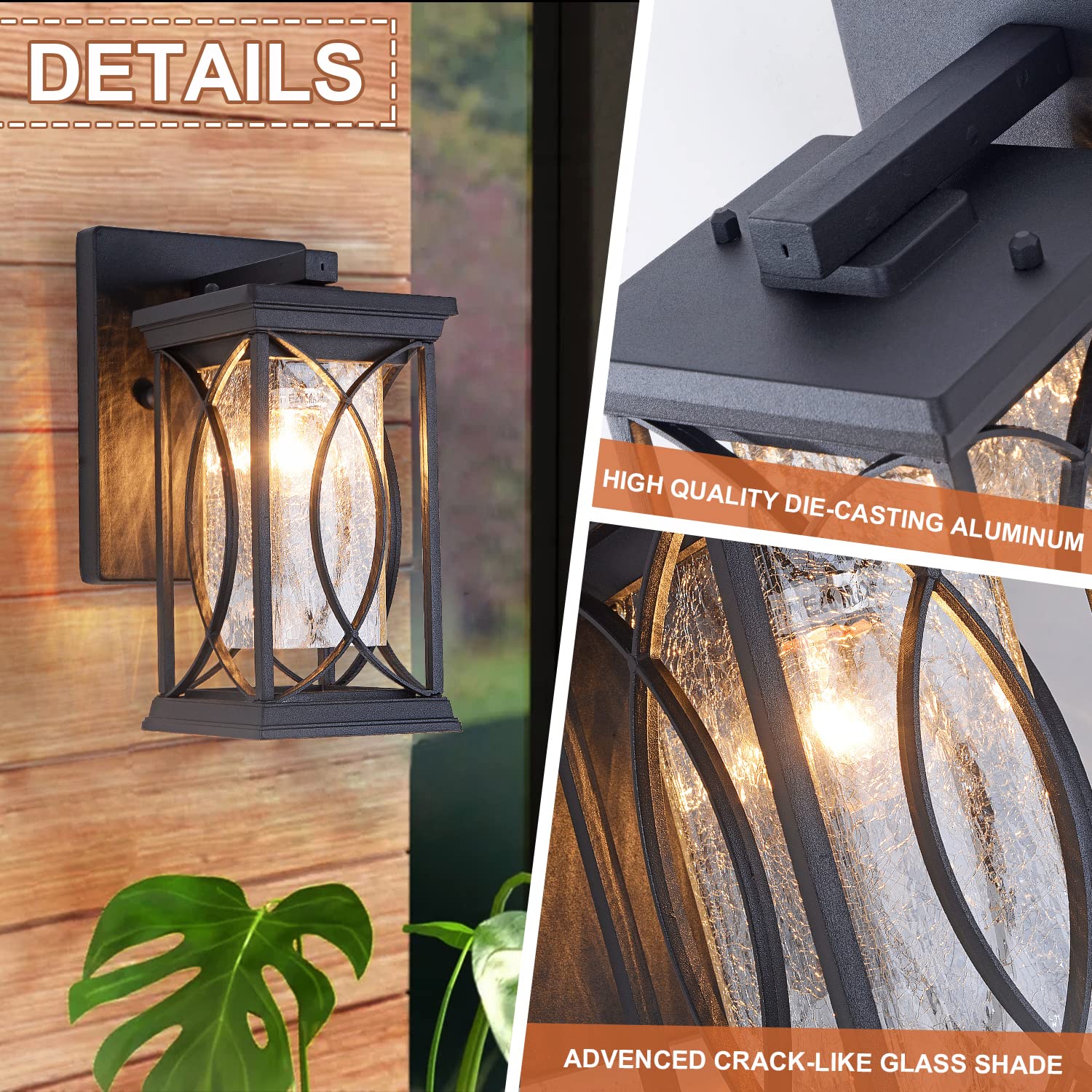 Outdoor Pendant Light Fixtures Dusk to Dawn Exterior Ceiling Hanging Lantern for Porch, Modern Black Outside Chandelier Light with Crack Glass for Front Door Porch Gazebo Foyer Entryway