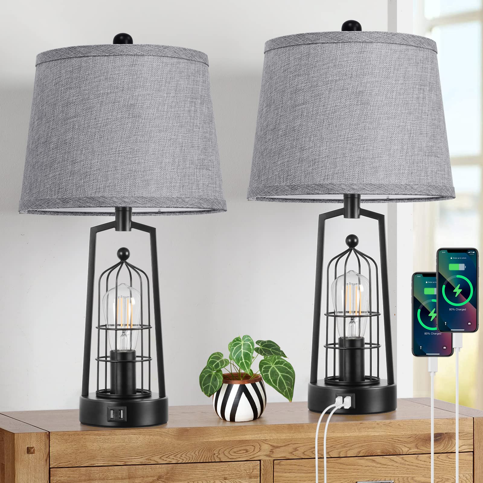 Farmhouse Table Lamps with 2 USB Ports, Set of 2 Rustic Industrial Desk Lamp for Living Room, 2-Light Black Bedside Lamp, Bedroom Nightstand Lamp with Gray Lampshade for House Decor, Reading