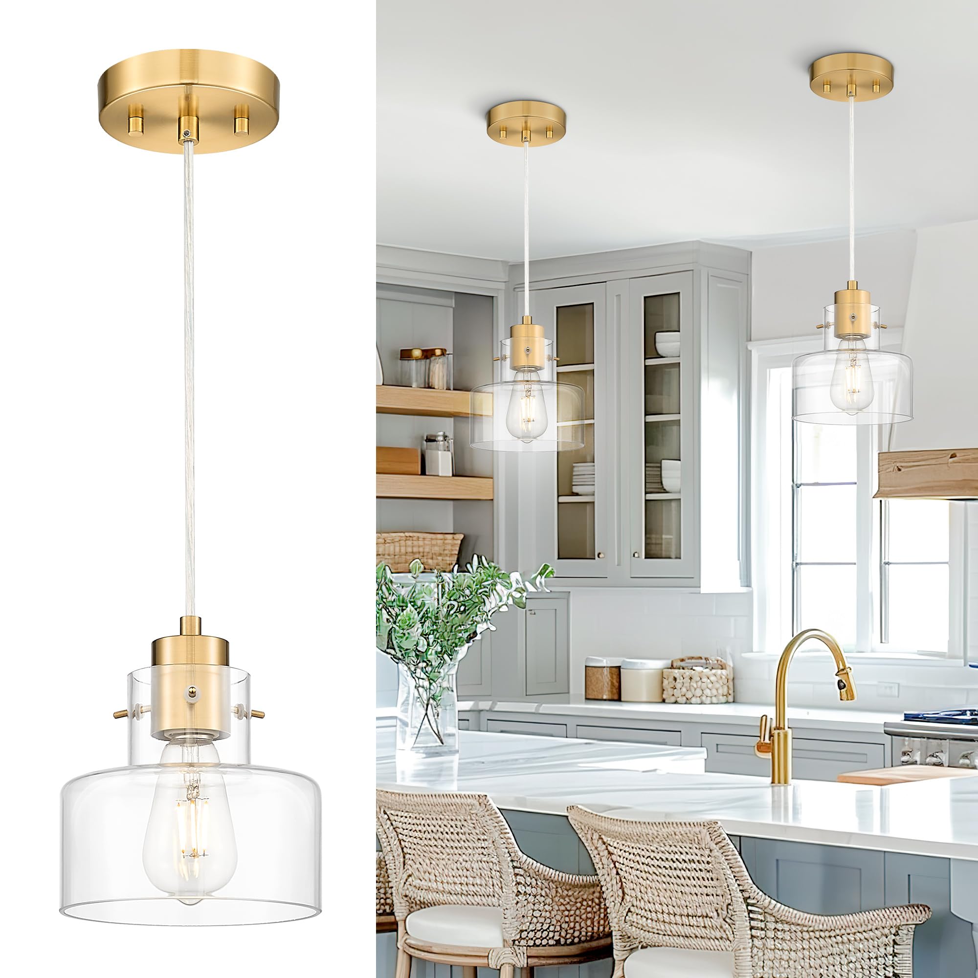 2 Pack Pendant Lights Kitchen Island, 6" Brushed Gold Pendant Light Fixtures Over Island with Clear Glass Shade, Modern Brass Kitchen Island Lighting for Dining Room Entryway, PL124-BG-2PK