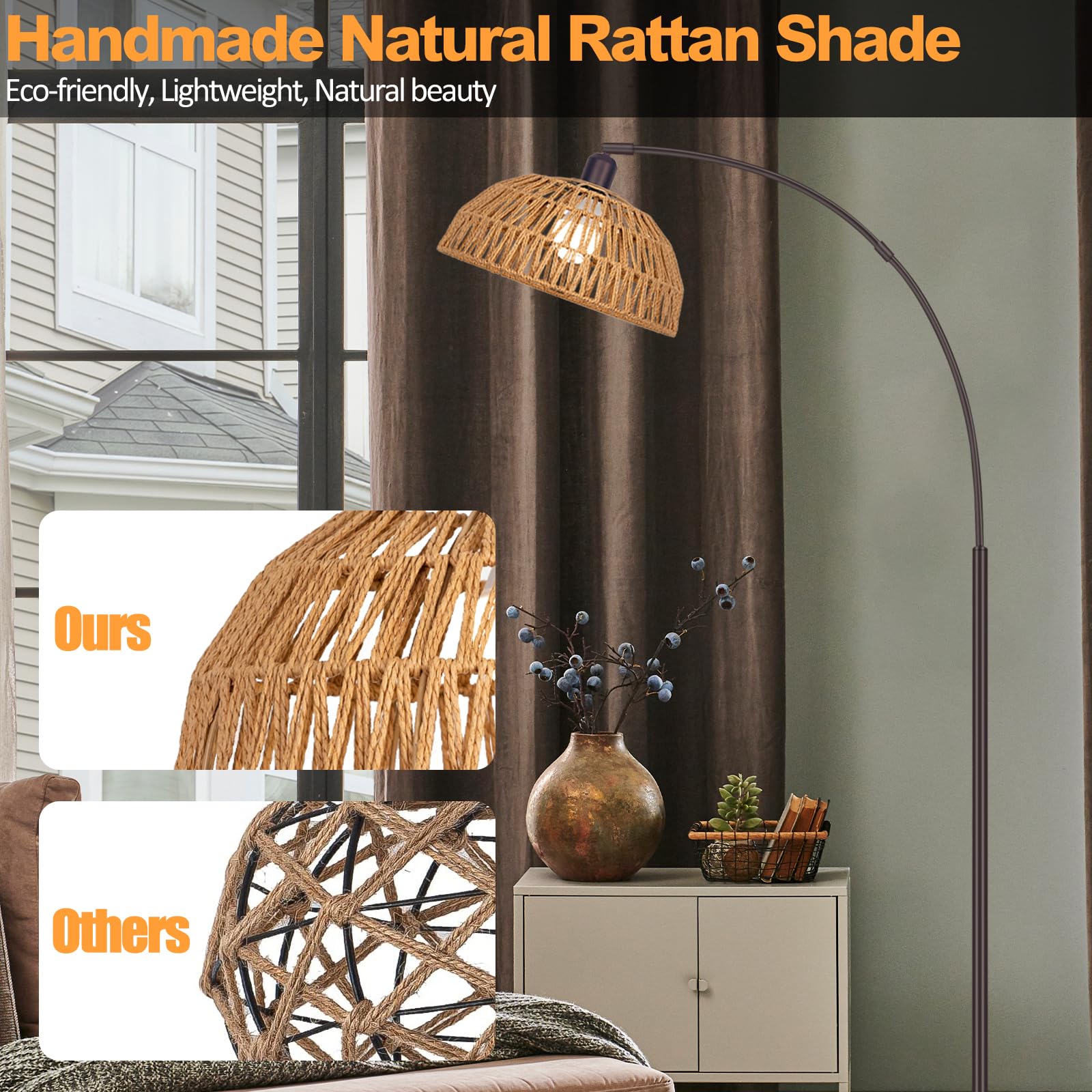 Rattan Floor Lamp- Boho Standing Lamp with Remote Control and Dimmable Bulb, Hand-Worked Adjustable Rattan Shades, Black Farmhouse Tall Lamp, Boho Arc Floor Lamps for Living Room, Bedroom, Office