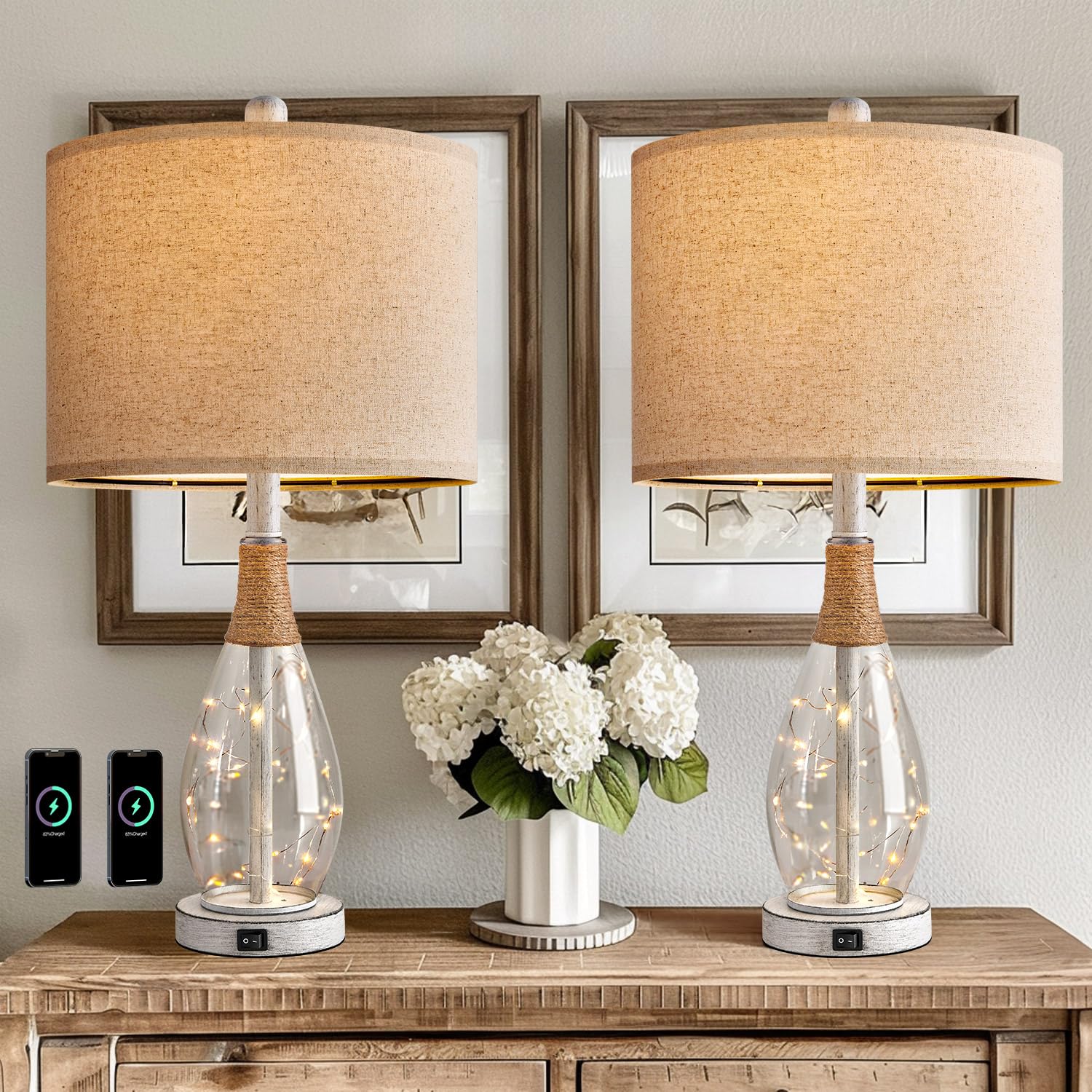 23" Table Lamps for Living Room Set of 2 Bedside Lamps for Night Stands Bedroom Lamps Farmhouse Rattan Boho Lamp Glass Nightlight End Table Lamp with USB C+A (White)