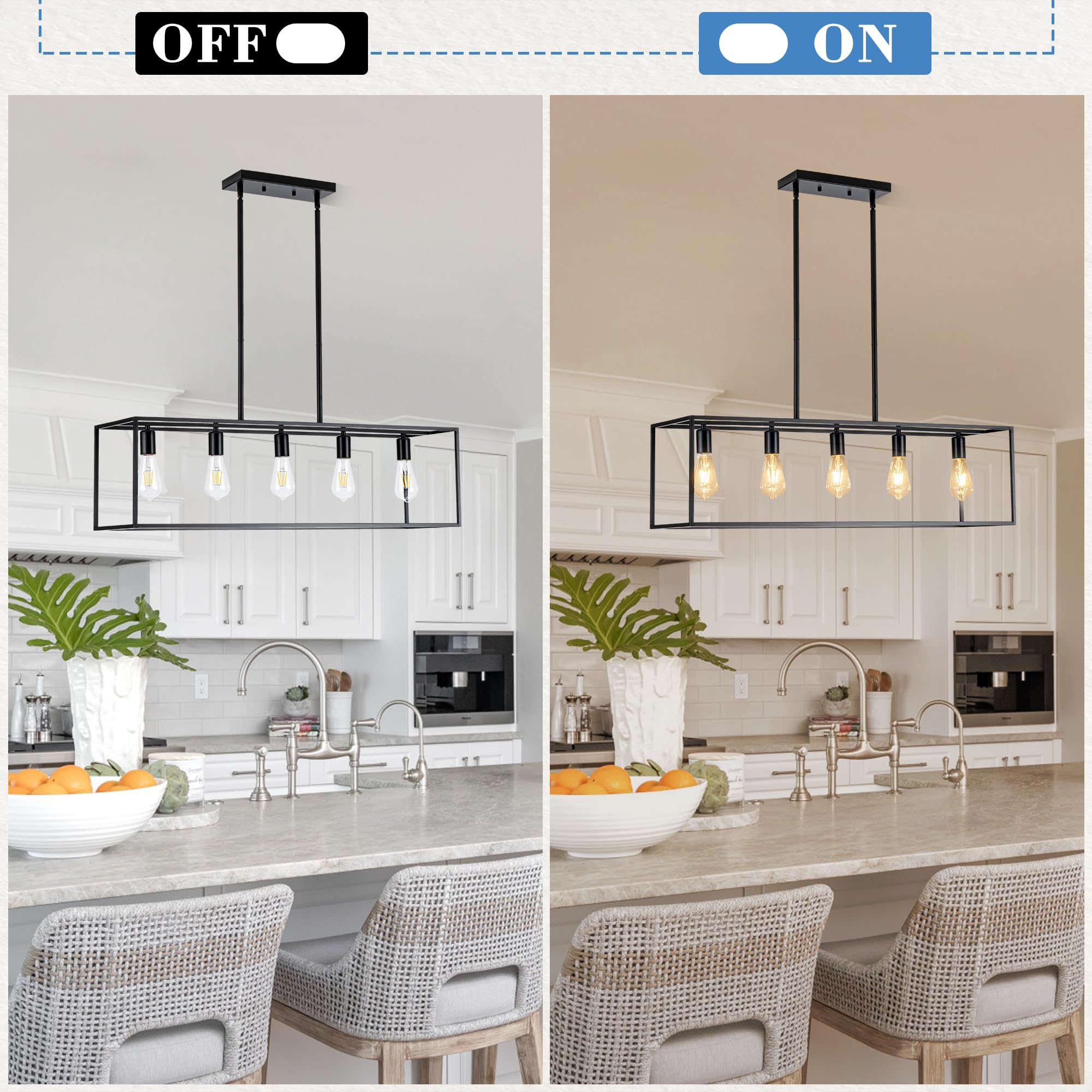 Rattan Kitchen Island Light Fixture, 5 Lights Boho Rectangle Pendant Lights for Dining Room, Farmhouse Chandeliers Over Table, Modern Ceiling Hanging Kitchen Light Fixtures, Height Adjustable