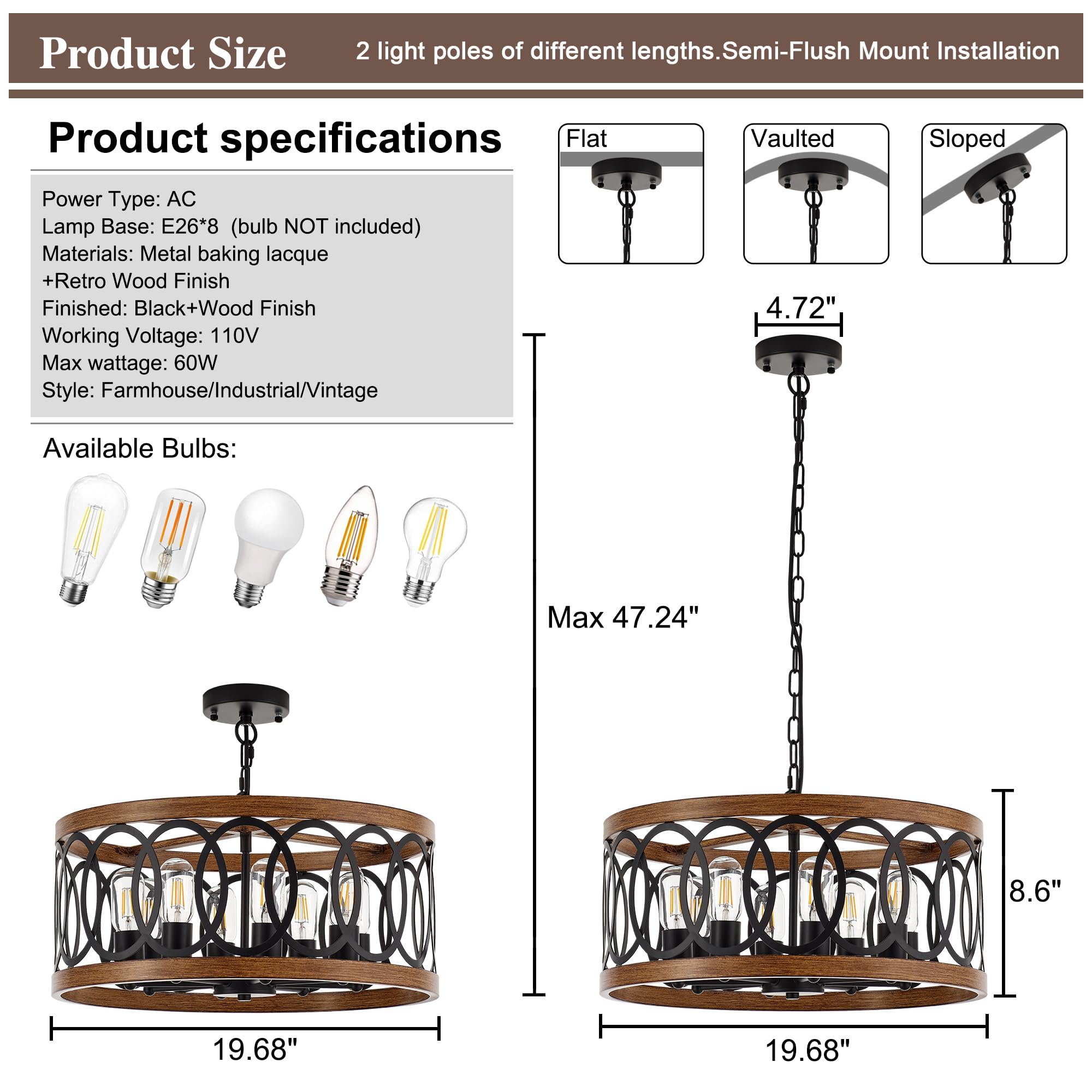 6-Light Farmhouse Wood Pendant Light,22.83'' Vintage Rustic Brown Oak Wood Chandeliers,Retro Industrial Hanging Light Fixtures for Dining Room Entryway, Bedroom