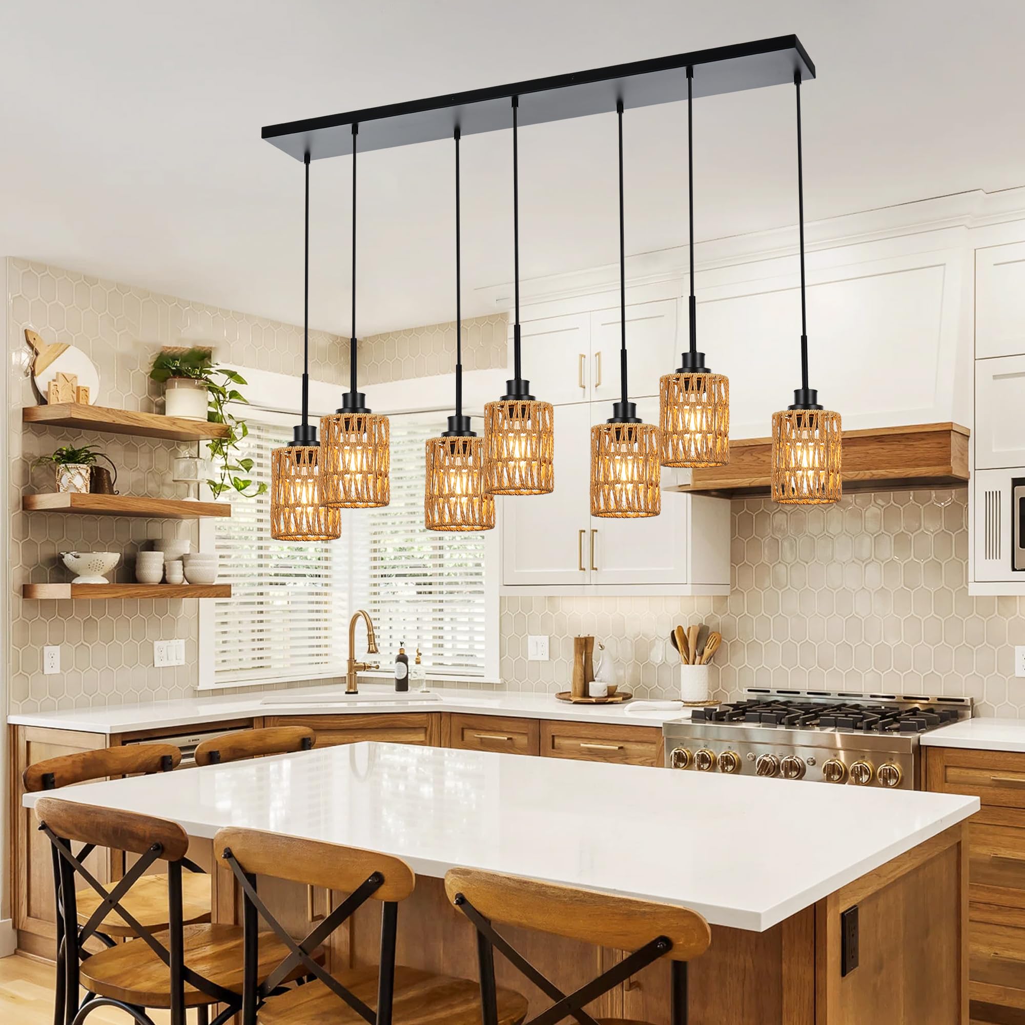 2 Pack Rattan Hanging Light Fixture Boho Pendant Light Black Adjustable Dining Table Light Fixture with Rattan Lamp Shade, Set of Two Mini Pendant Lighting for Kitchen Island Hallway Stair