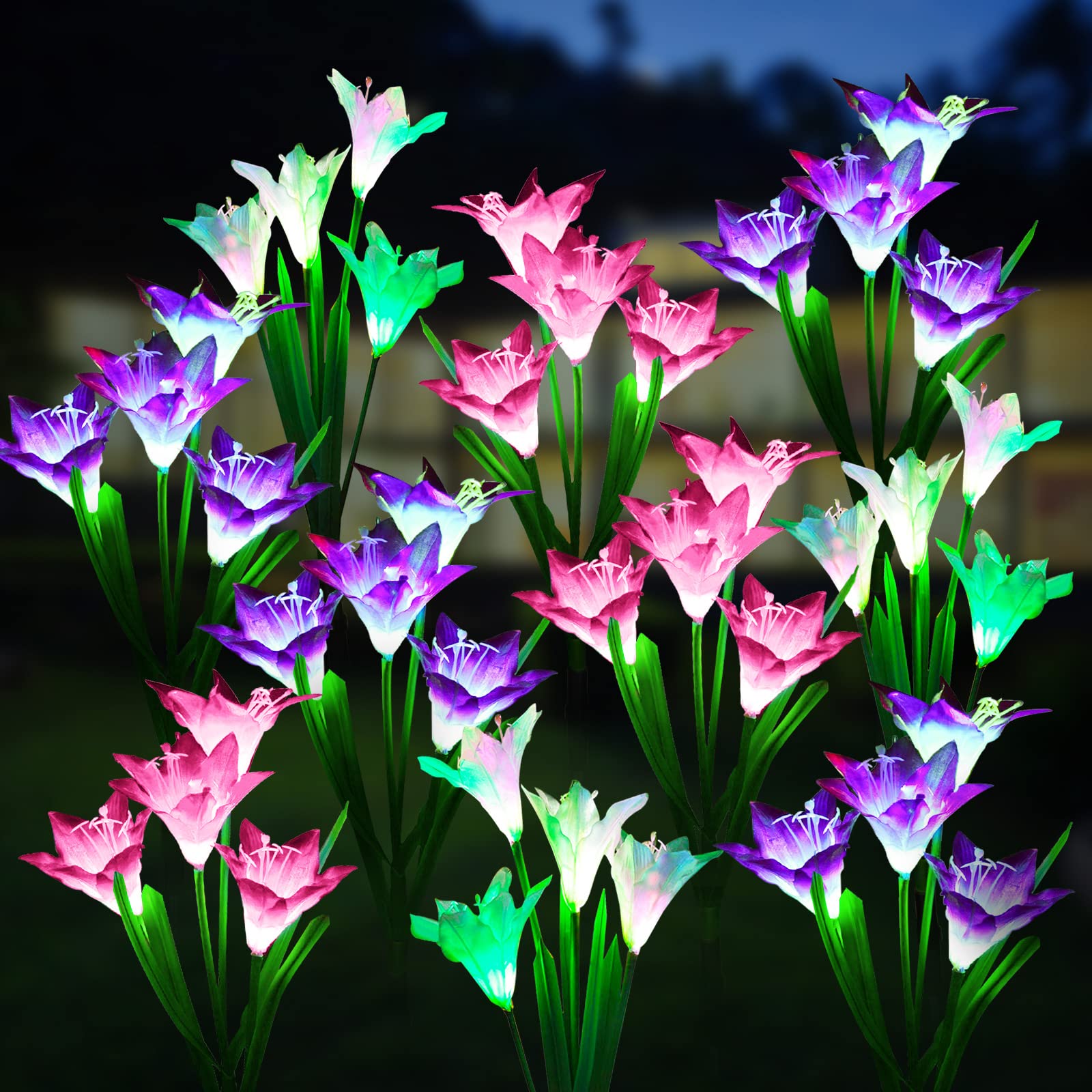 Solar Lights Outdoor Garden Decorative Flowers 6 Pack, Waterproof Solar Garden Lights with 24 Lily Flowers, Multi-Color Changing LED Solar Powered Landscape Lights for Yard Garden Patio