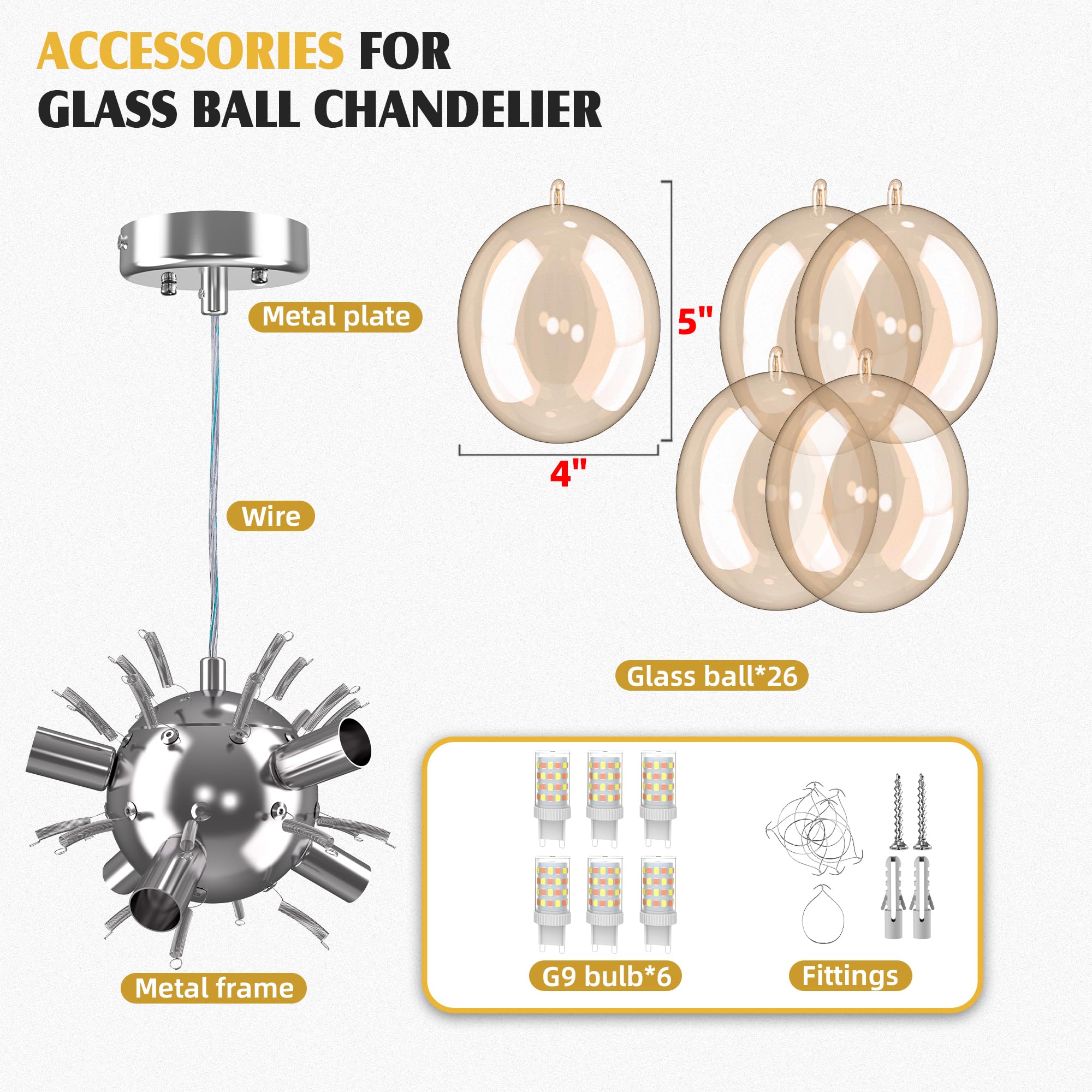 Semi Flush Mount Ceiling Bubble Ball Chandelier Lighting Dia 20 Inch Gold Clear Ribbed Blown Glass Chandeliers Ceiling Medallions Light Fixtures for Bedroom, Living Room, Entry, Bathroom