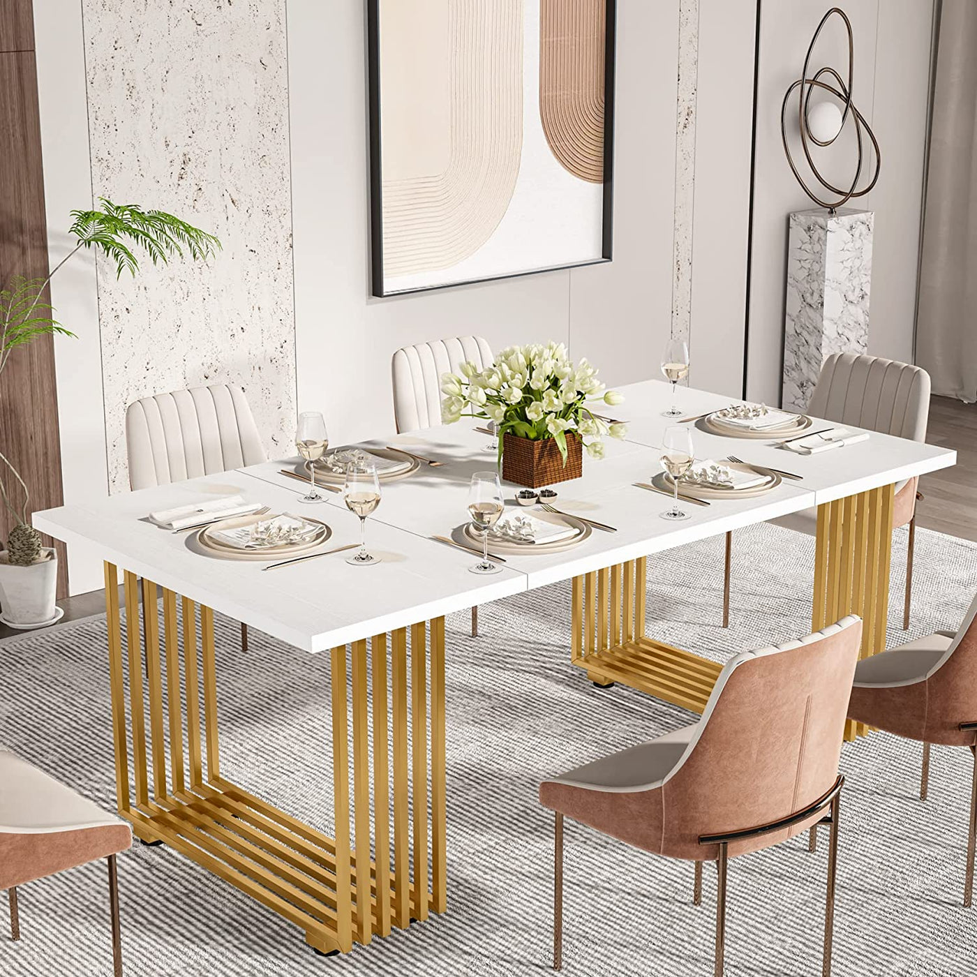 Natal Modern Dining Table | 70.8 Inches Rectangular Marble Faux Wooden Bron Kitchen Table for 6-8 People