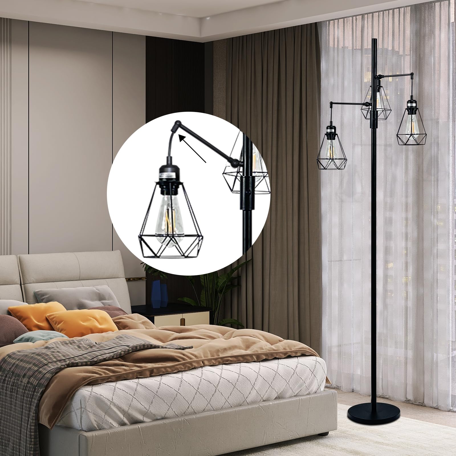 66''Floor Lamp,9W LED Edison Bulbs Included Nordic Design Standing Lamp with Foot Switch with Pleated Shade, Tall Floor Lamp Reading for Living Room Bedroom Office Classroom Dorm Room