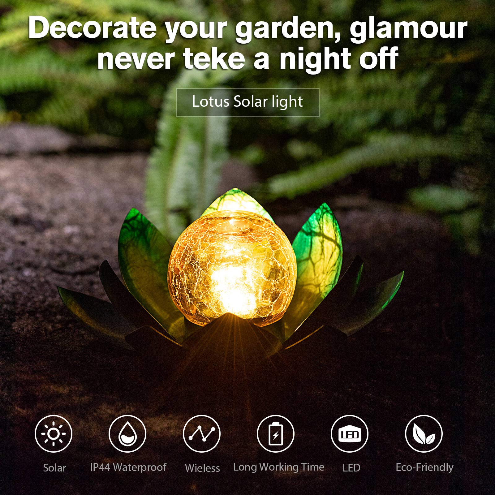 Solar Light Outdoor Waterproof Garden Light Metal Glass Decorative LED Lotus Flower Table Lamp